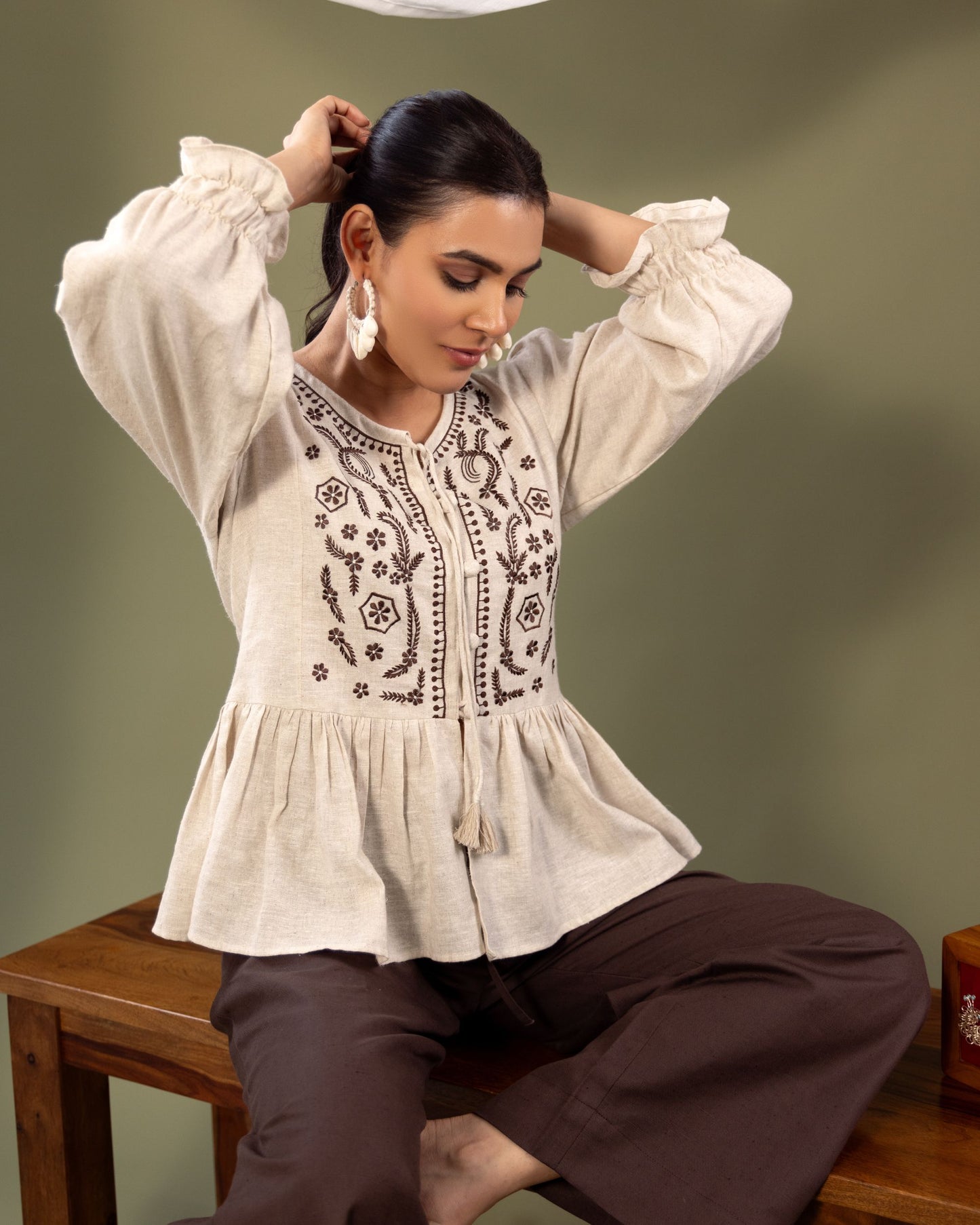 Women’s Linen Peplum Top with Embroidery – Elegant Long Sleeve Blouse by Panchakanya