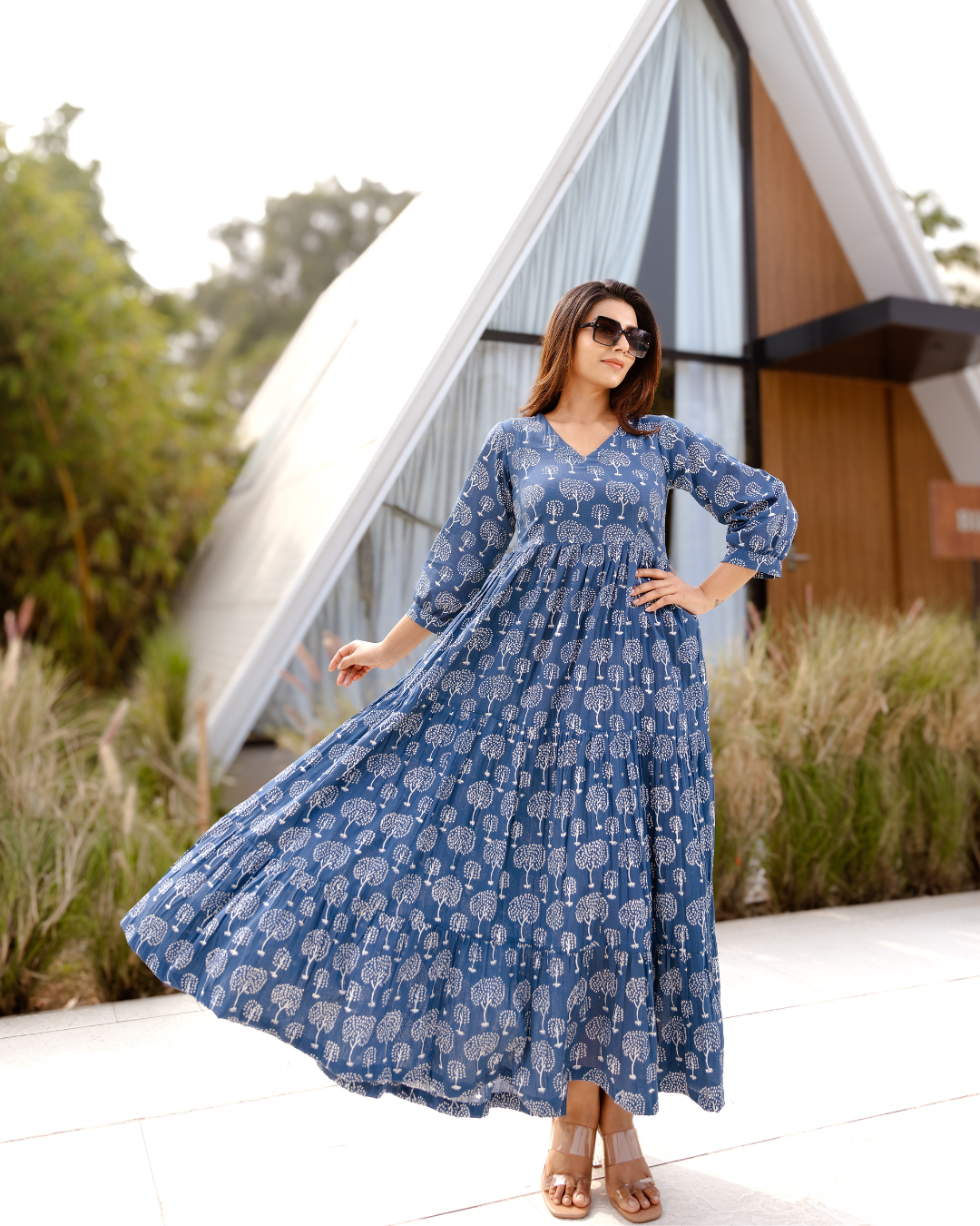 Stylish Indigo Cotton Frock with 3/4 Sleeves - Comfortable Printed Maxi Dress for Women