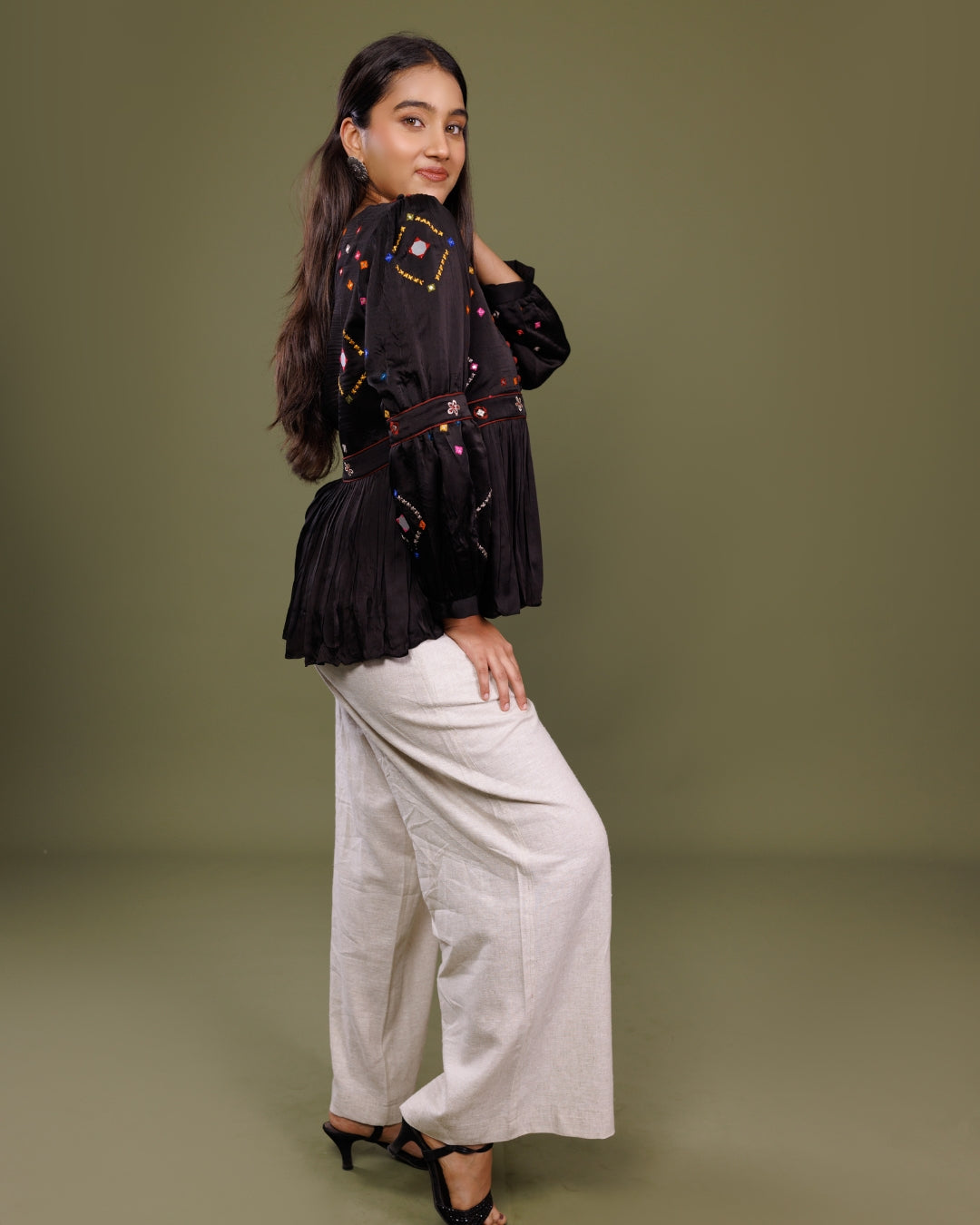 Black Modal Embroidered Top for Women – Mirror Work Peplum Top by Panchakanya