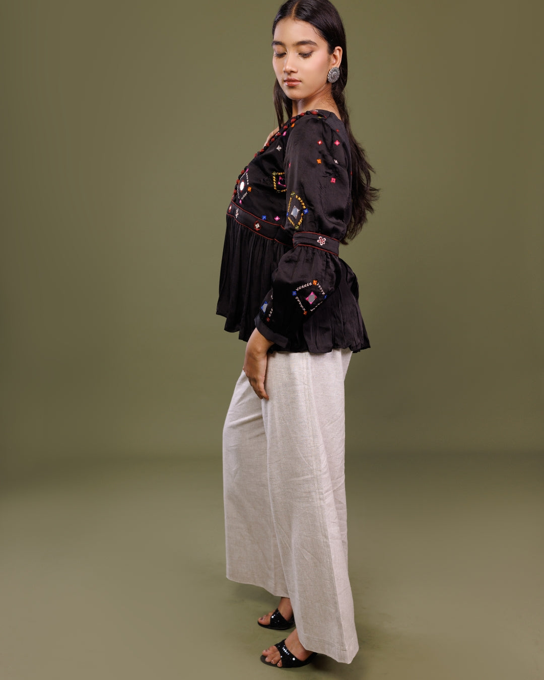 Black Modal Embroidered Top for Women – Mirror Work Peplum Top by Panchakanya