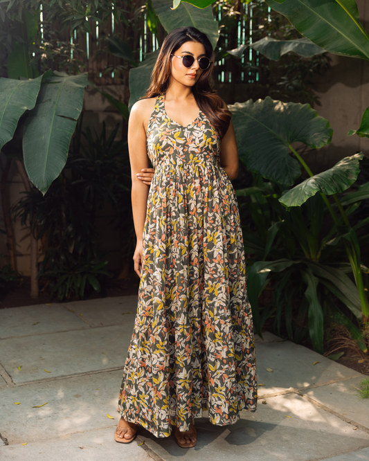 Stylish Halter Neck Printed Long Dress - Perfect Summer Frock for Women