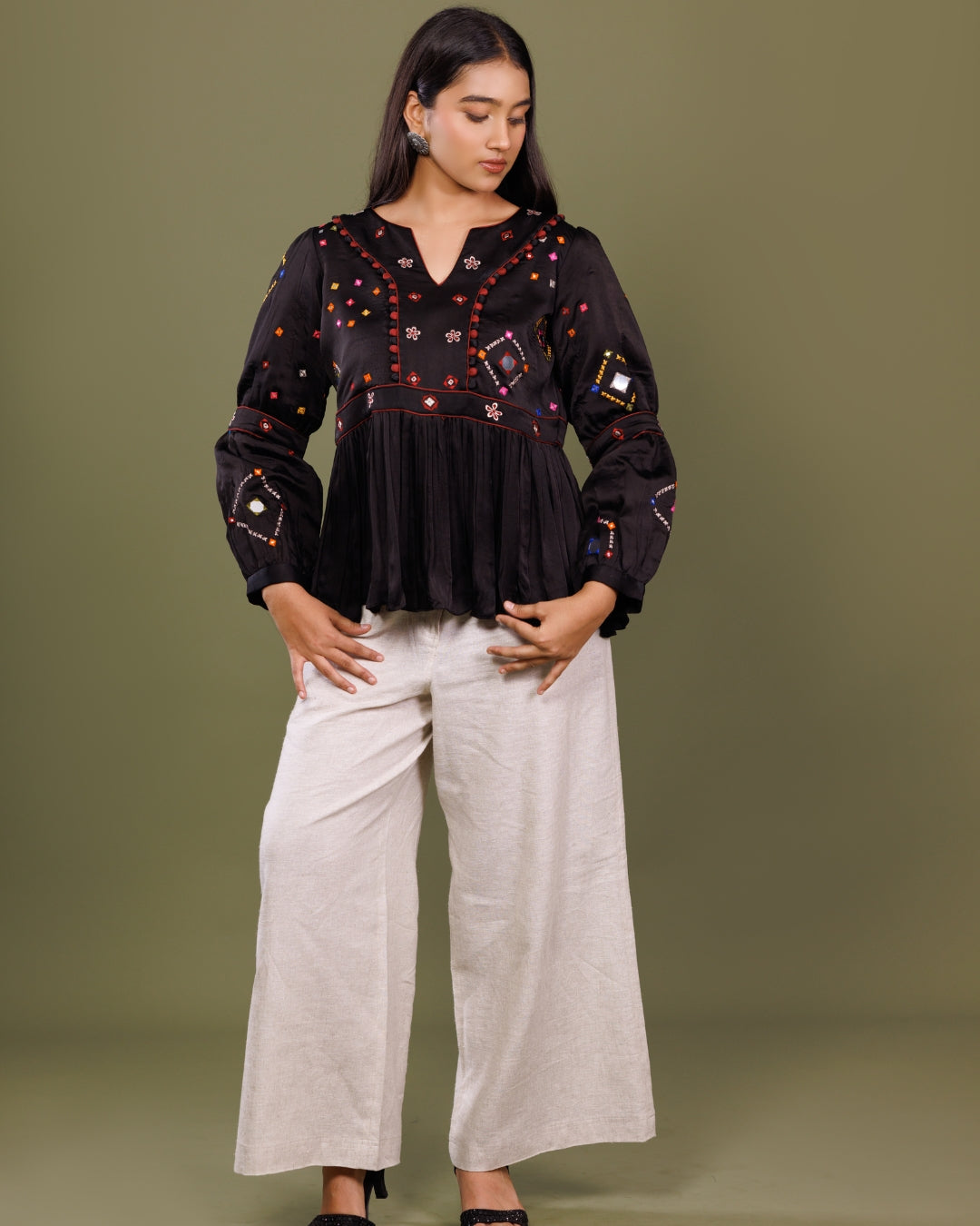 Black Modal Embroidered Top for Women – Mirror Work Peplum Top by Panchakanya