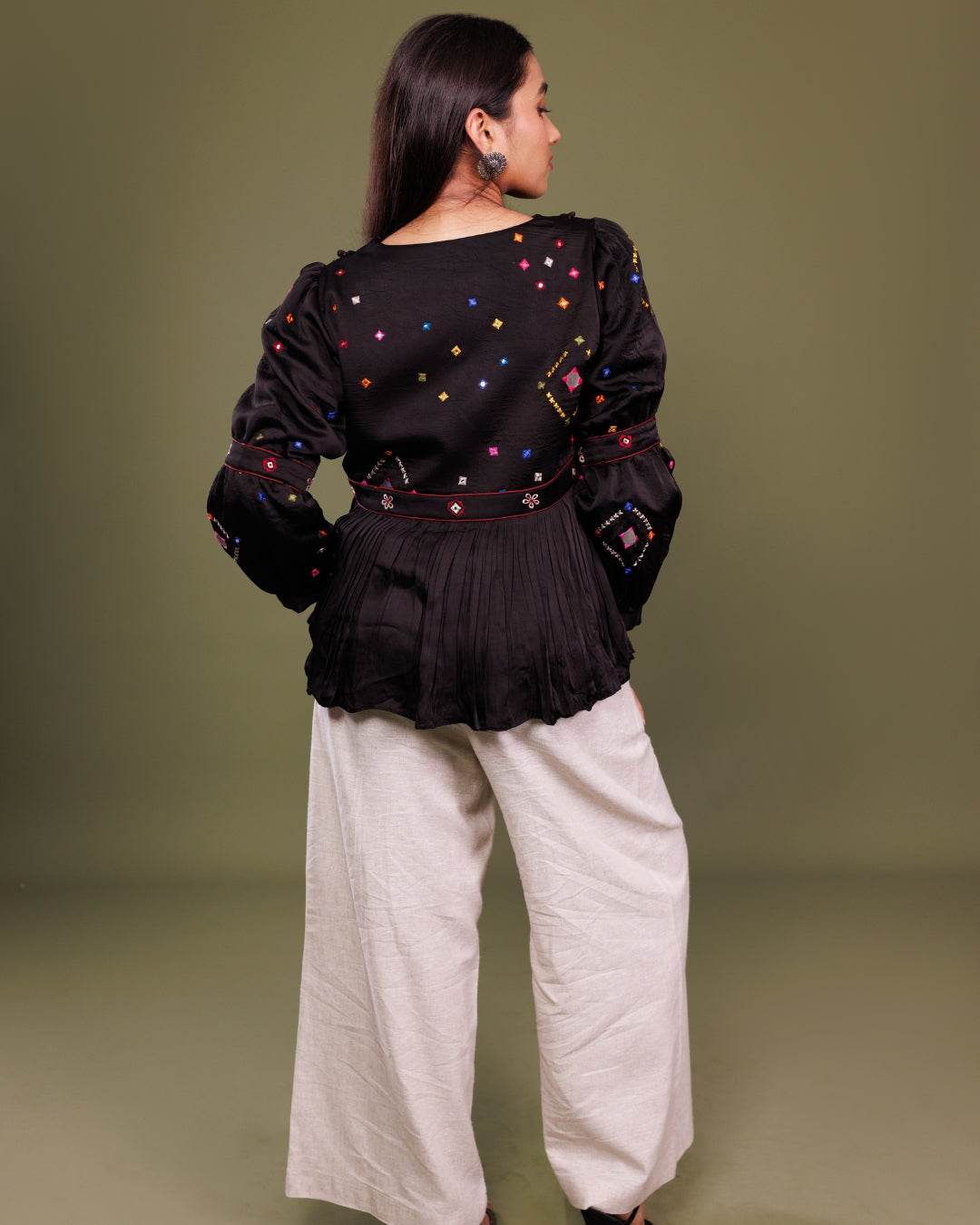 Black Modal Embroidered Top for Women – Mirror Work Peplum Top by Panchakanya