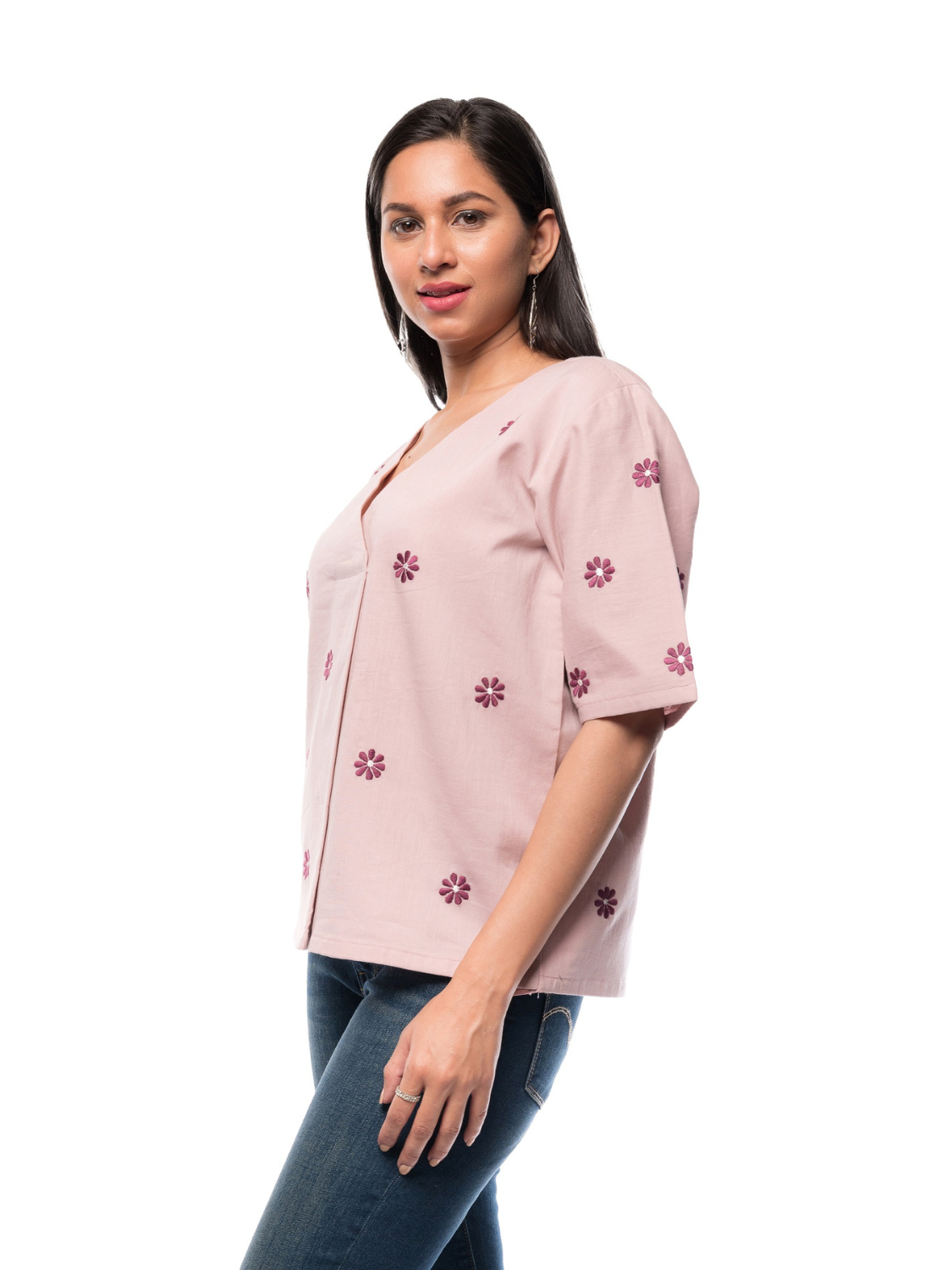 Pure Cotton Peach Top With V Neck Design - Panchakanya Clothing