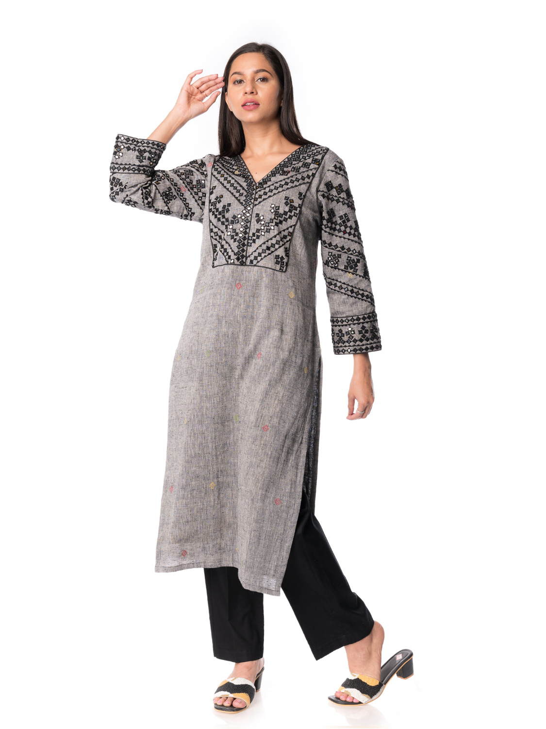 Grey Black Elegant Mirror Embroidery Kurta with Lining - Panchakanya Clothing