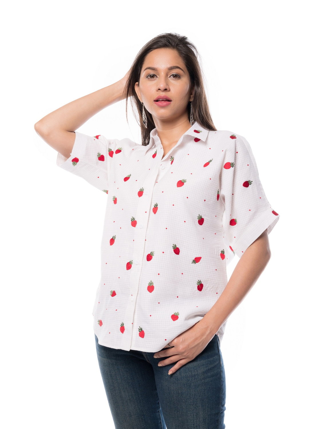 Cotton Embroidery Top With Strawberry Motifs For Women Girls