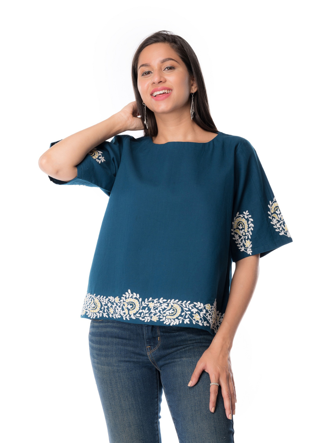 Teal Blue Cotton Embroidered Top for Women – Panchakanya Clothing