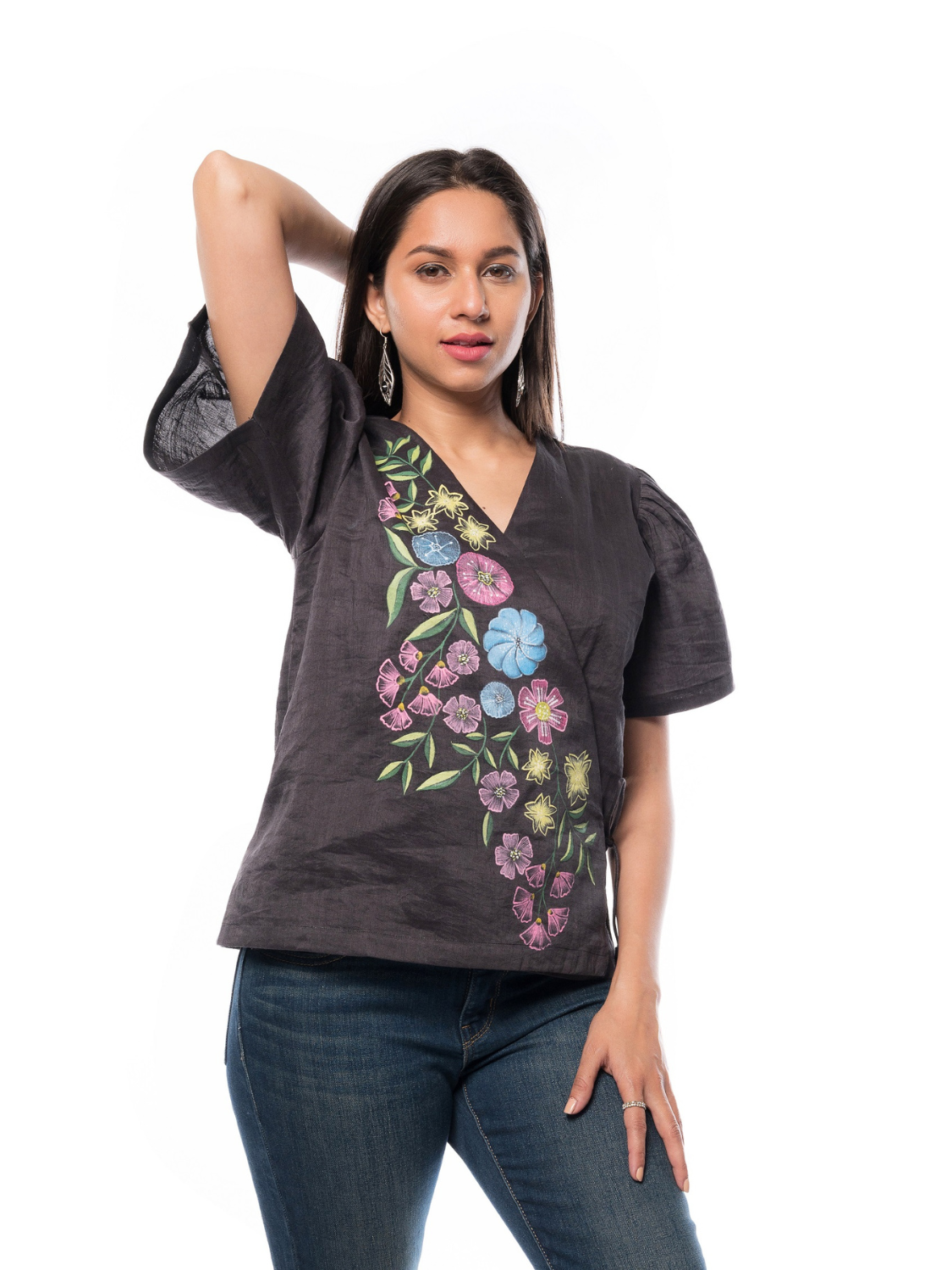 Black Angrakha Pattern Overlapping V-Neck Top Half Sleeve For Women's Girls & Ladies