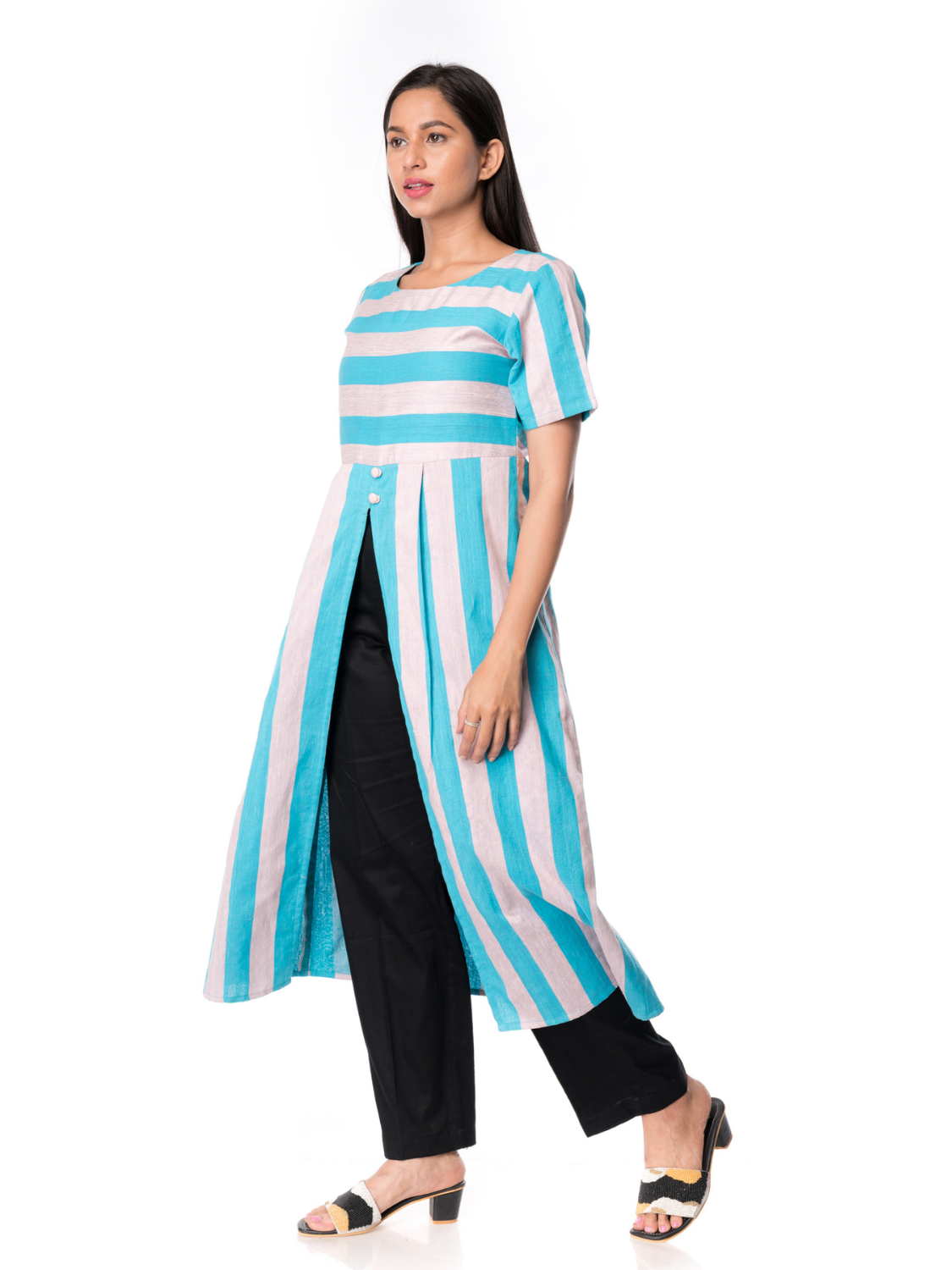 Elegent Turquoise Stripped Khadi Silk Kurta - Panchakanya Clothing