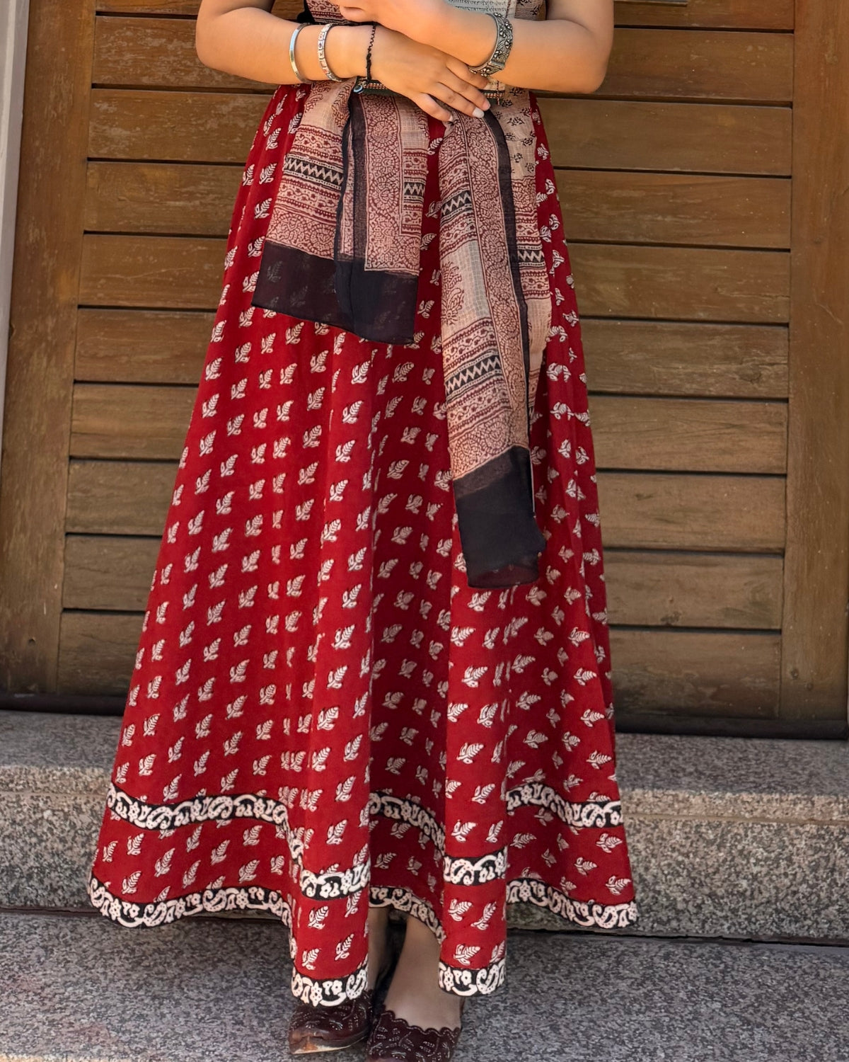 Red Bagh Print Cotton Long Skirt | Hand Block Printed Ethnic Skirt By Panchakanya