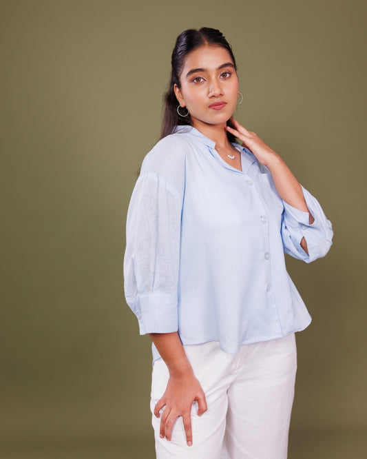 Sky Blue Linen Shirt for Women – Elegant Summer Wear by Panchakanya Clothing