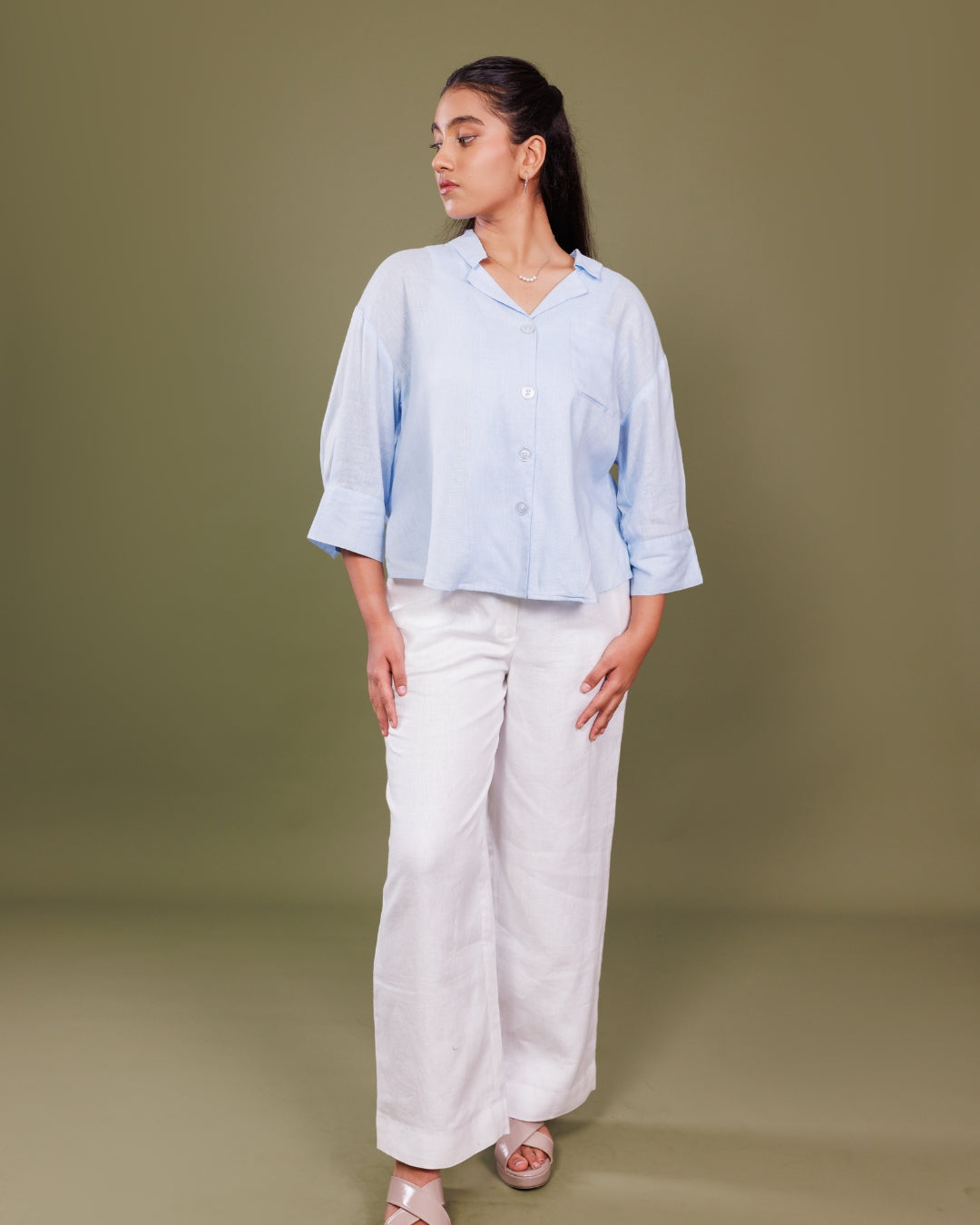 Sky Blue Linen Shirt for Women – Elegant Summer Wear by Panchakanya Clothing