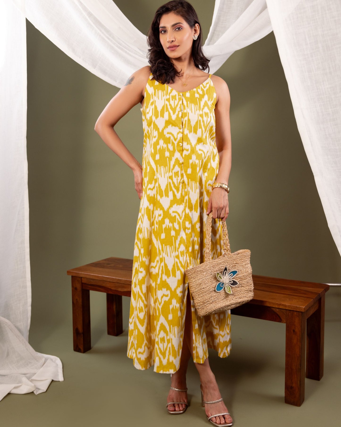 Women’s Sanganeri Cotton Kali Dress – Yellow & White Flared Maxi by Panchakanya