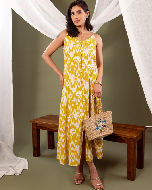 Women’s Sanganeri Cotton Kali Dress – Yellow & White Flared Maxi by Panchakanya
