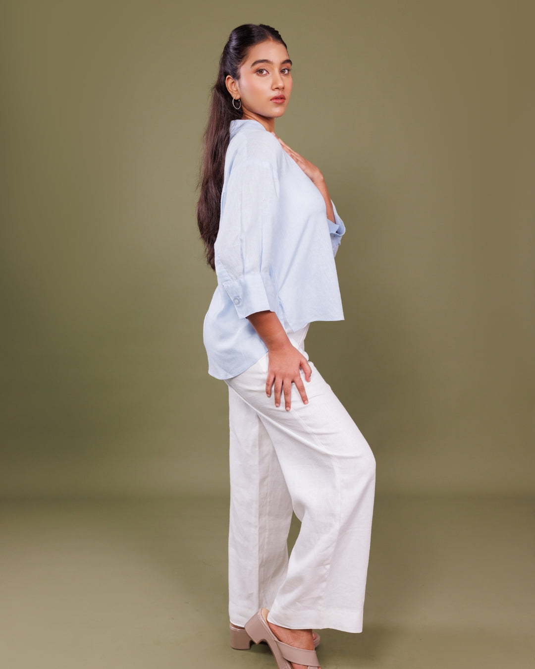 Sky Blue Linen Shirt for Women – Elegant Summer Wear by Panchakanya Clothing