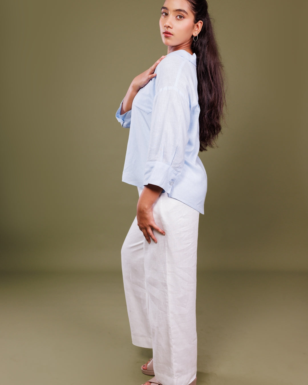 Sky Blue Linen Shirt for Women – Elegant Summer Wear by Panchakanya Clothing