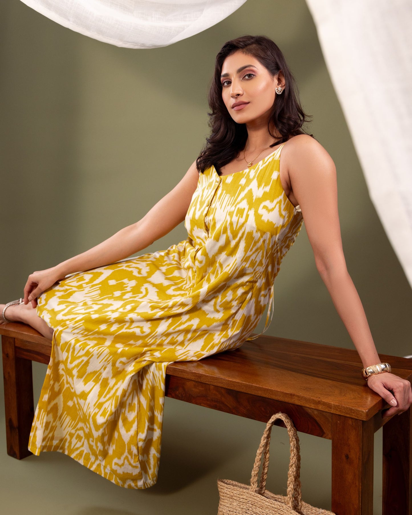 Women’s Sanganeri Cotton Kali Dress – Yellow & White Flared Maxi by Panchakanya