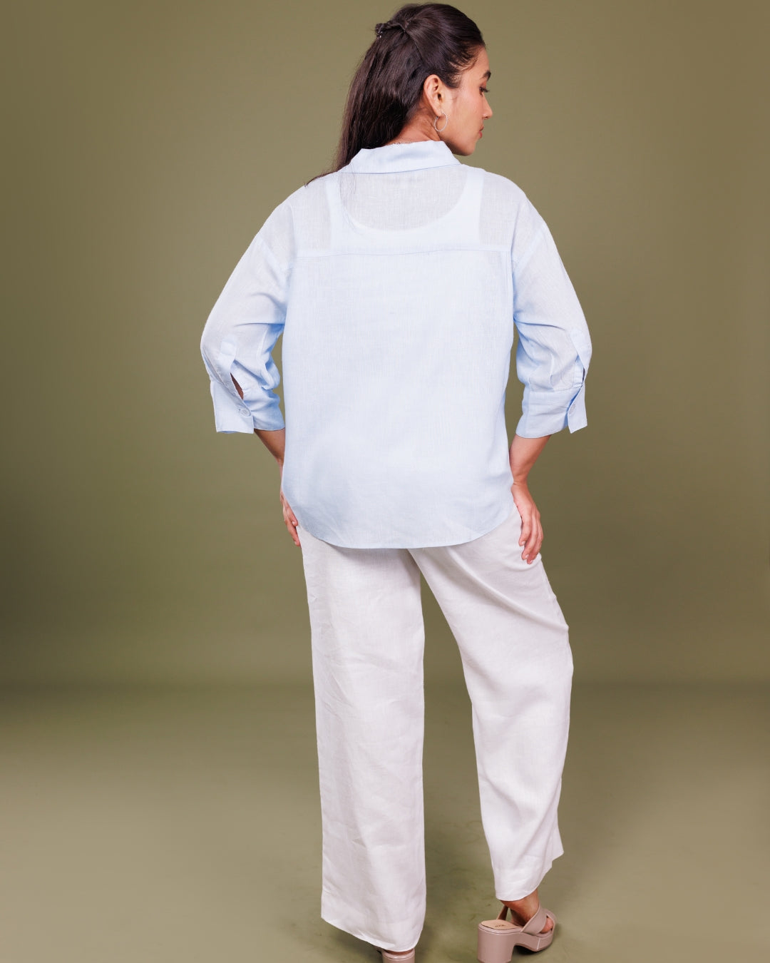 Sky Blue Linen Shirt for Women – Elegant Summer Wear by Panchakanya Clothing