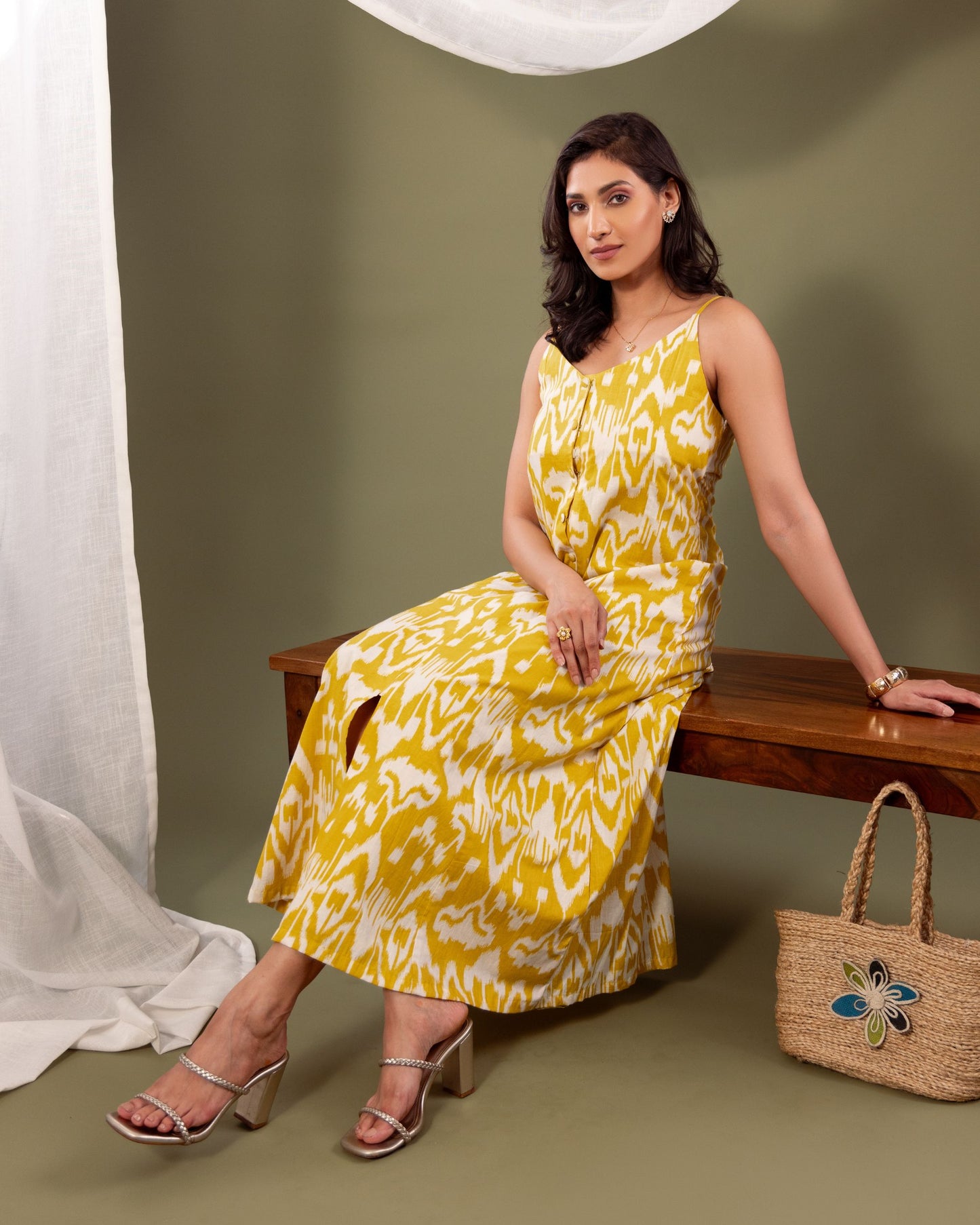 Women’s Sanganeri Cotton Kali Dress – Yellow & White Flared Maxi by Panchakanya