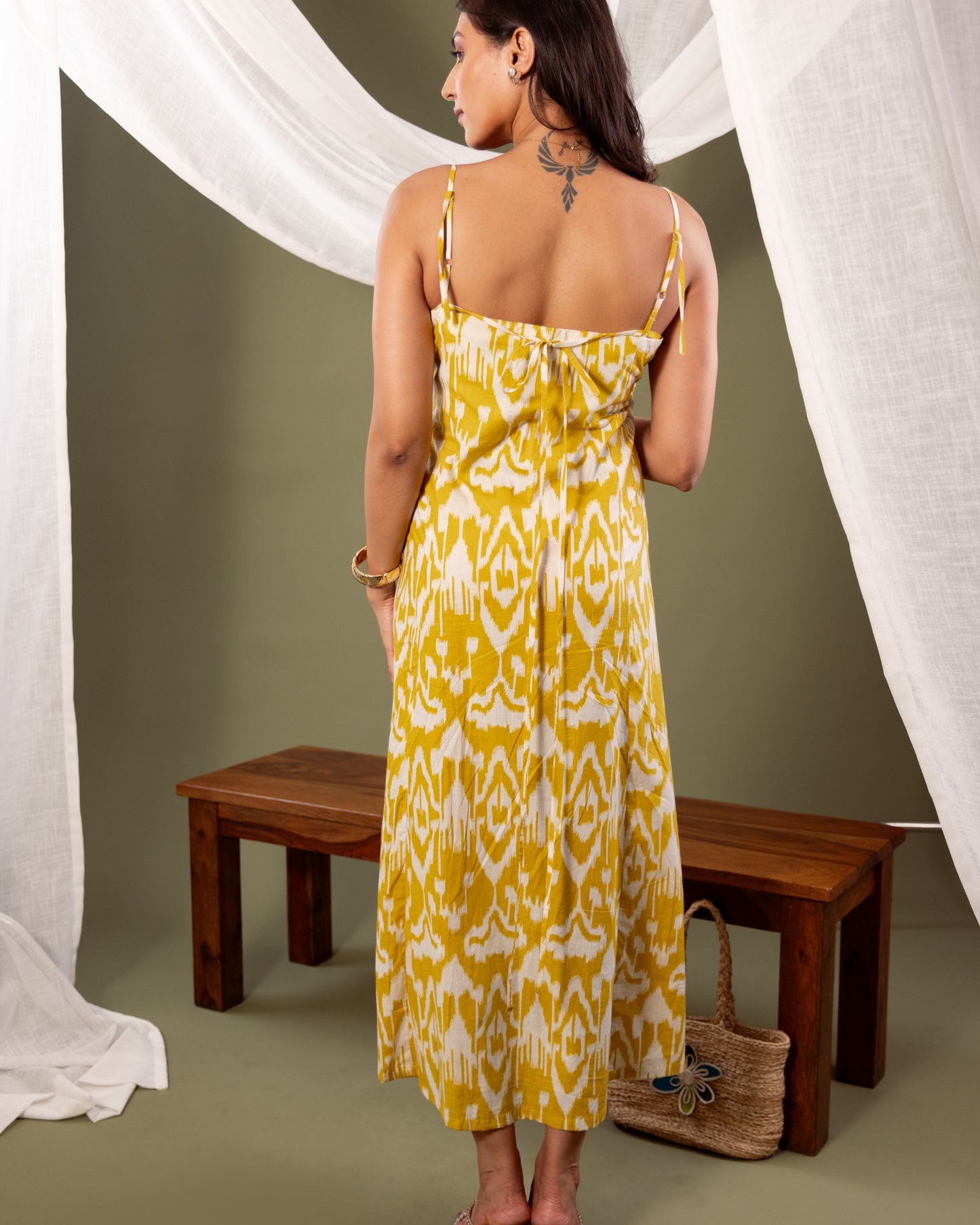 Women’s Sanganeri Cotton Kali Dress – Yellow & White Flared Maxi by Panchakanya