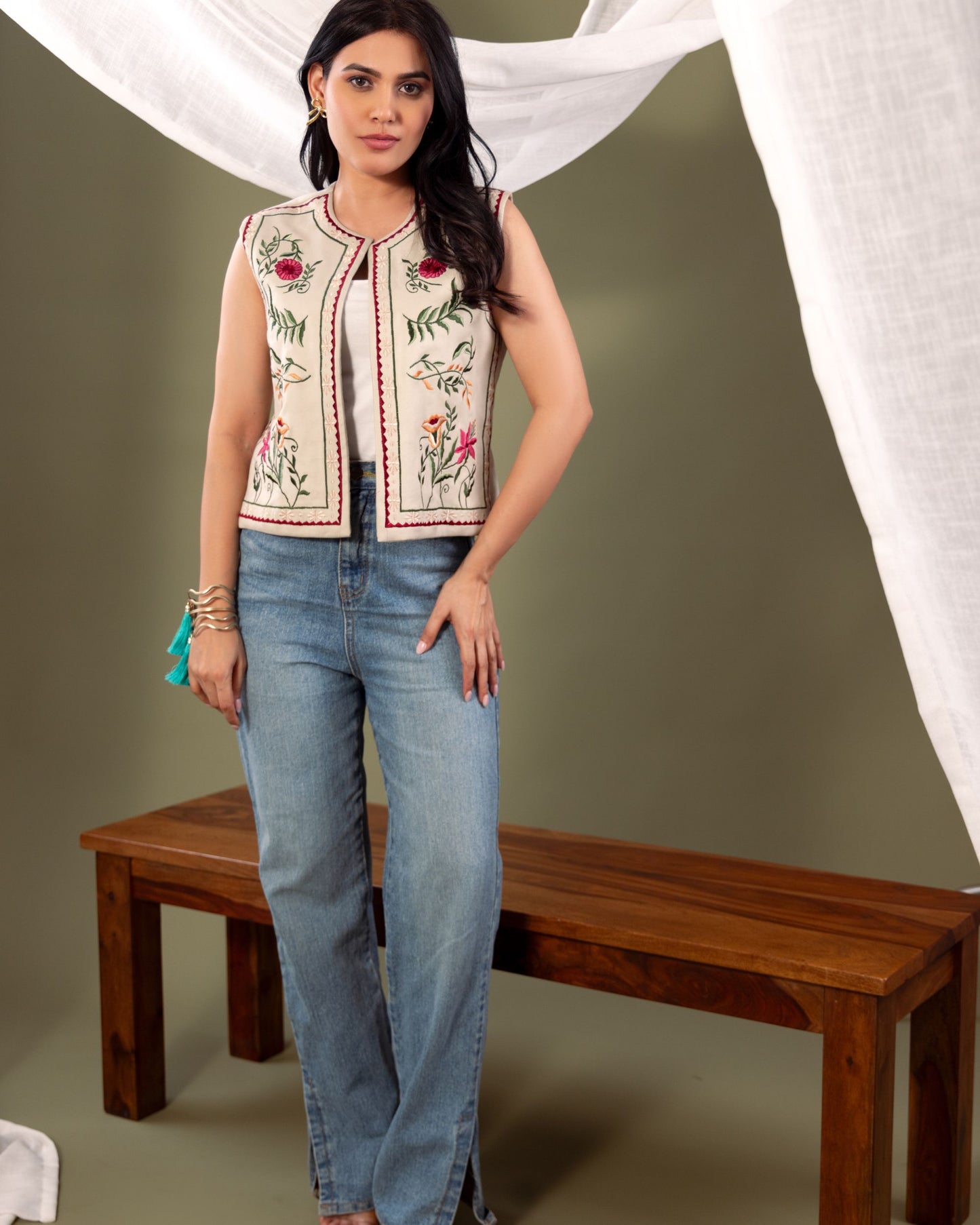 Women’s Denim Aladdin Jacket with Embroidery – Ethnic Fusion Sleeveless Vest by Panchakanya