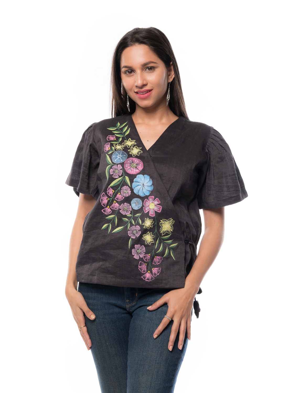 Black Angrakha Pattern Overlapping V-Neck Top Half Sleeve For Women's Girls & Ladies