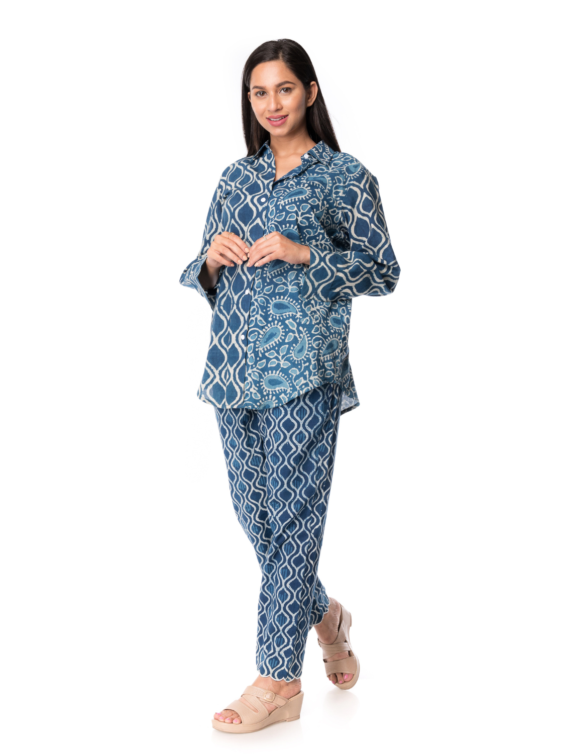 Cotton Hand Block Printed Indigo Co-Ord Set for Women – Panchakanya Clothing