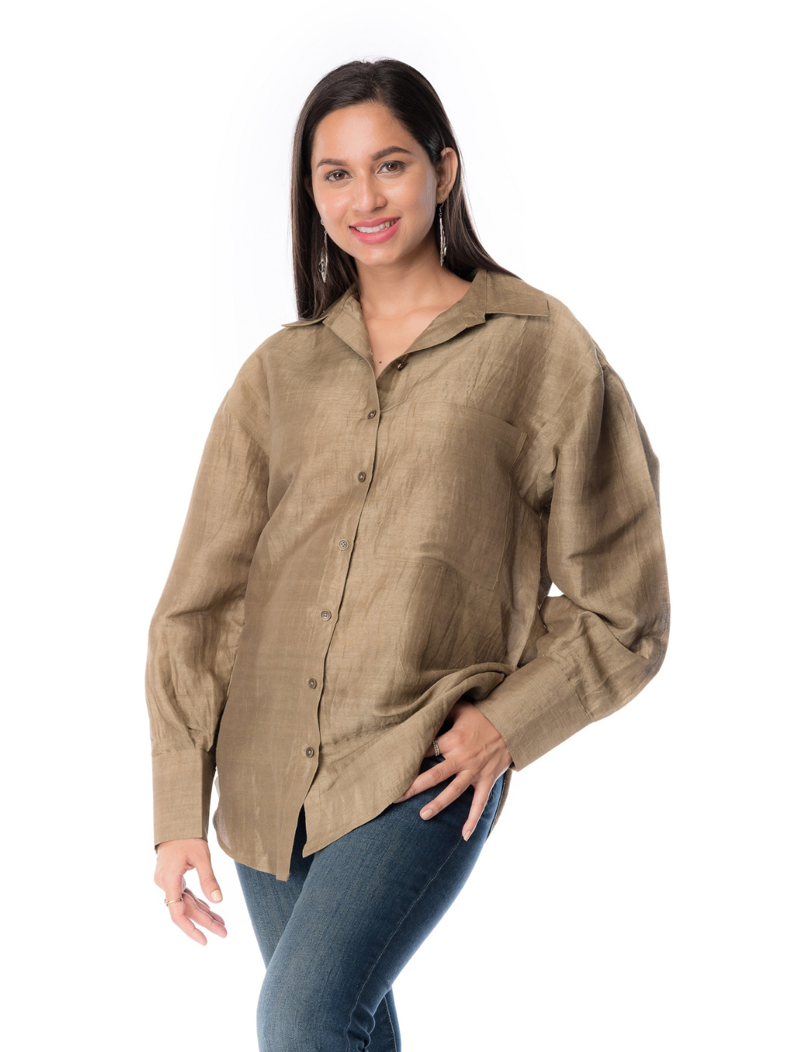 Golden Green Silk Fabric Shirt Full Sleeve For Women's Girls & Ladies