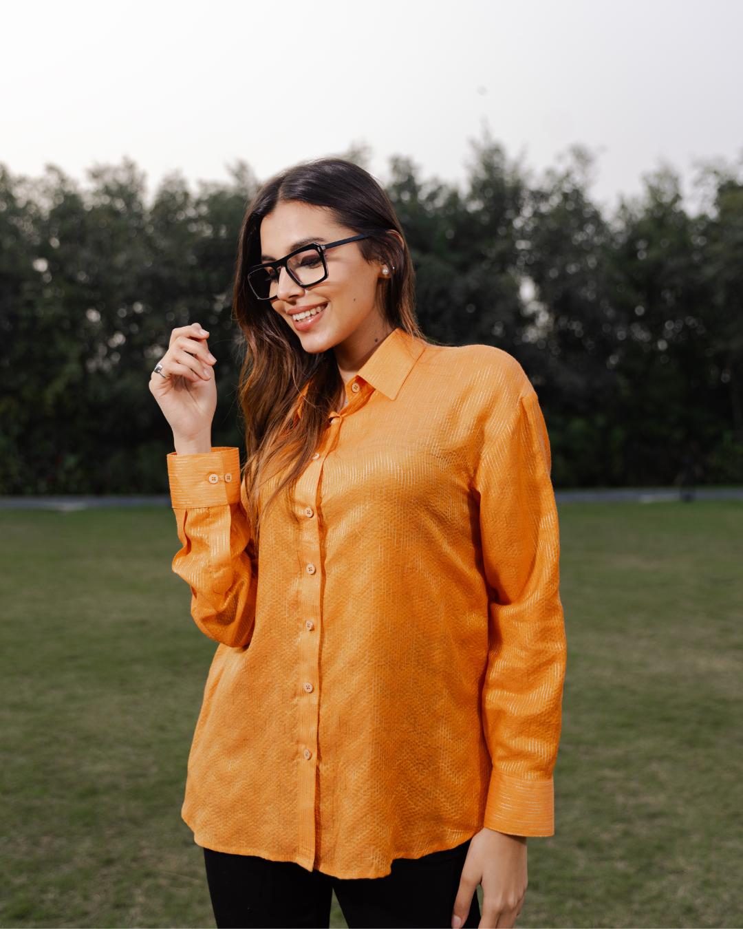 Elegant Mango Yellow Bhagalpur Silk Shirt -  Zig Zag Pattern Shirt for Women