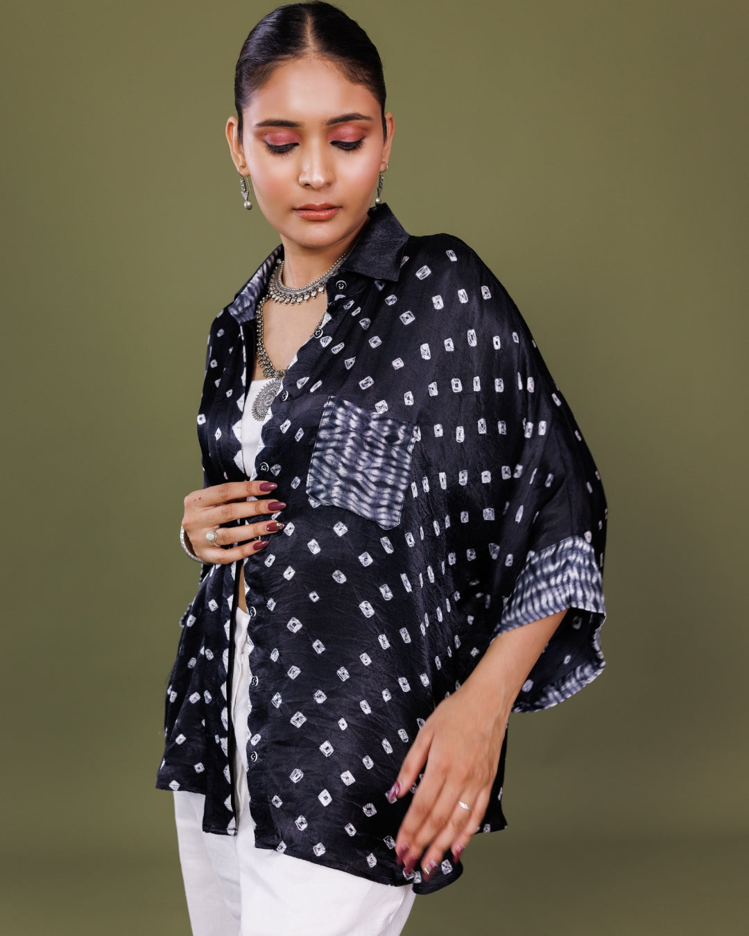 Black Bandhani Modal Silk Long Shirt for Women – Handcrafted Designer Shirt by Panchakanya