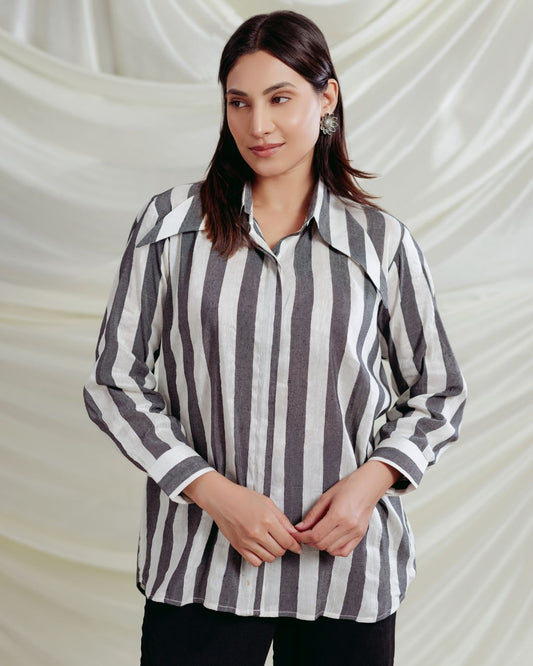 Women's Vertical Stripe Chic Linen Cotton Shirt by Panchakanya– Oversized Fit with Stylish Collar