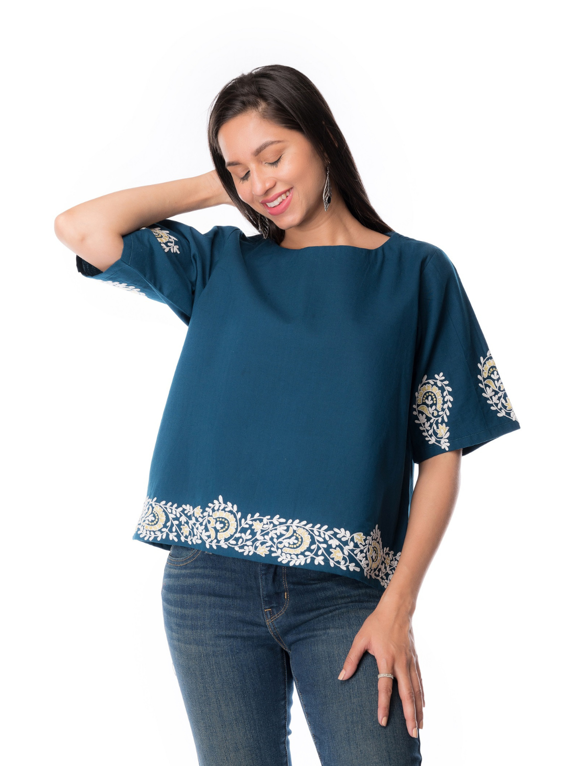 Teal Blue Cotton Embroidered Top for Women – Panchakanya Clothing