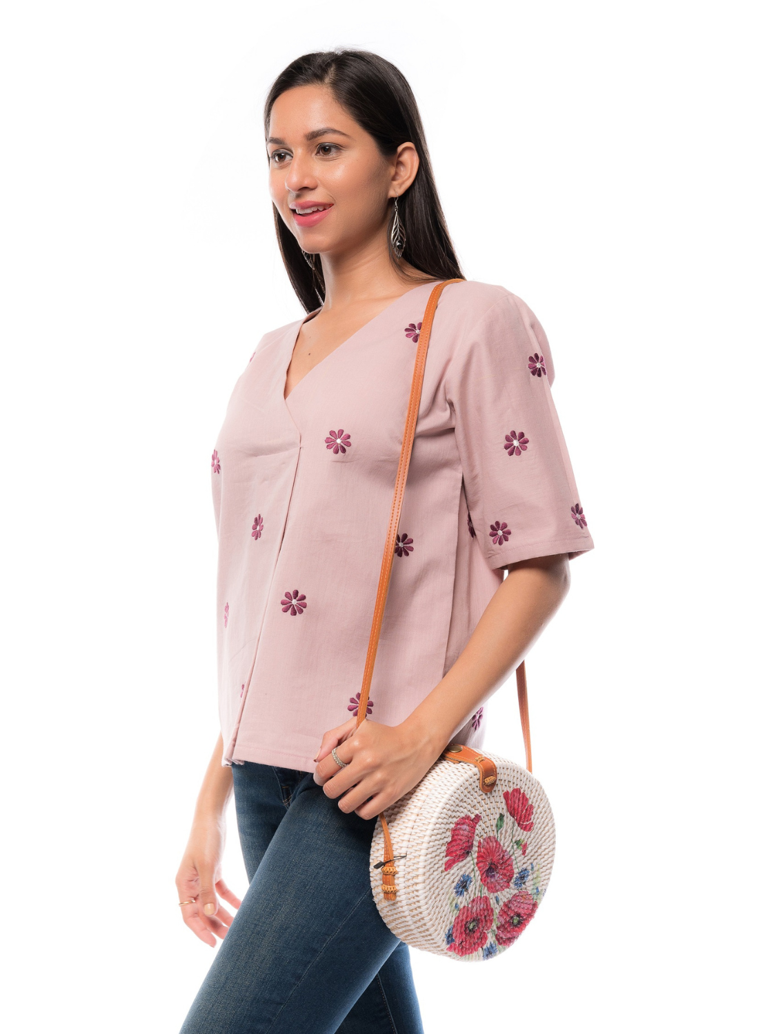 Pure Cotton Peach Top With V Neck Design - Panchakanya Clothing