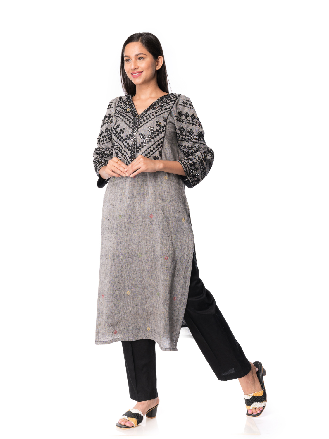 Grey Black Elegant Mirror Embroidery Kurta with Lining - Panchakanya Clothing