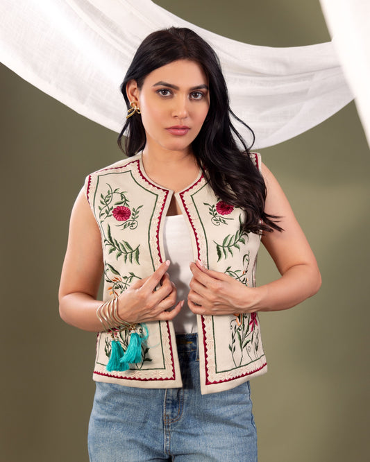 Women’s Denim Aladdin Jacket with Embroidery – Ethnic Fusion Sleeveless Vest by Panchakanya