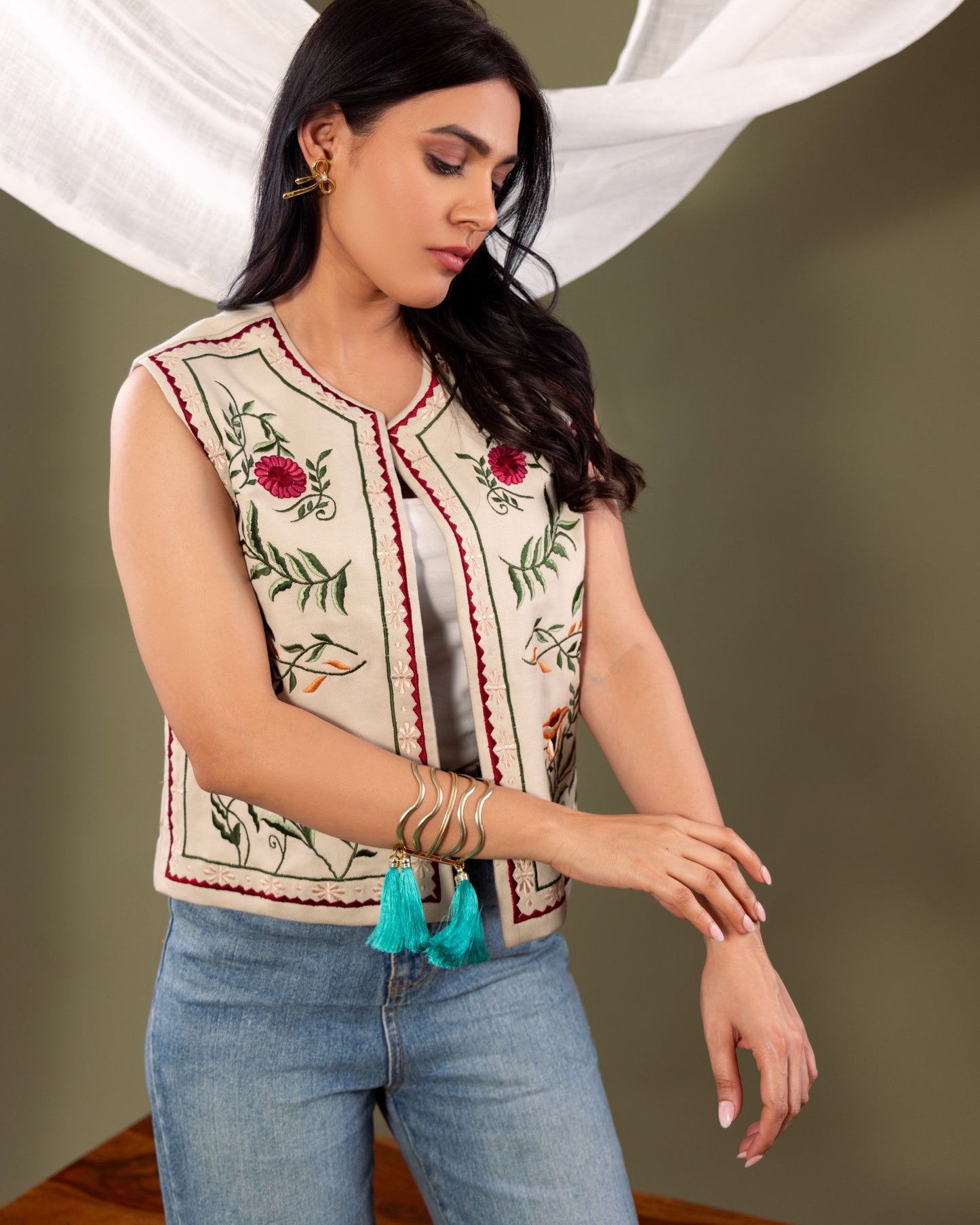 Women’s Denim Aladdin Jacket with Embroidery – Ethnic Fusion Sleeveless Vest by Panchakanya