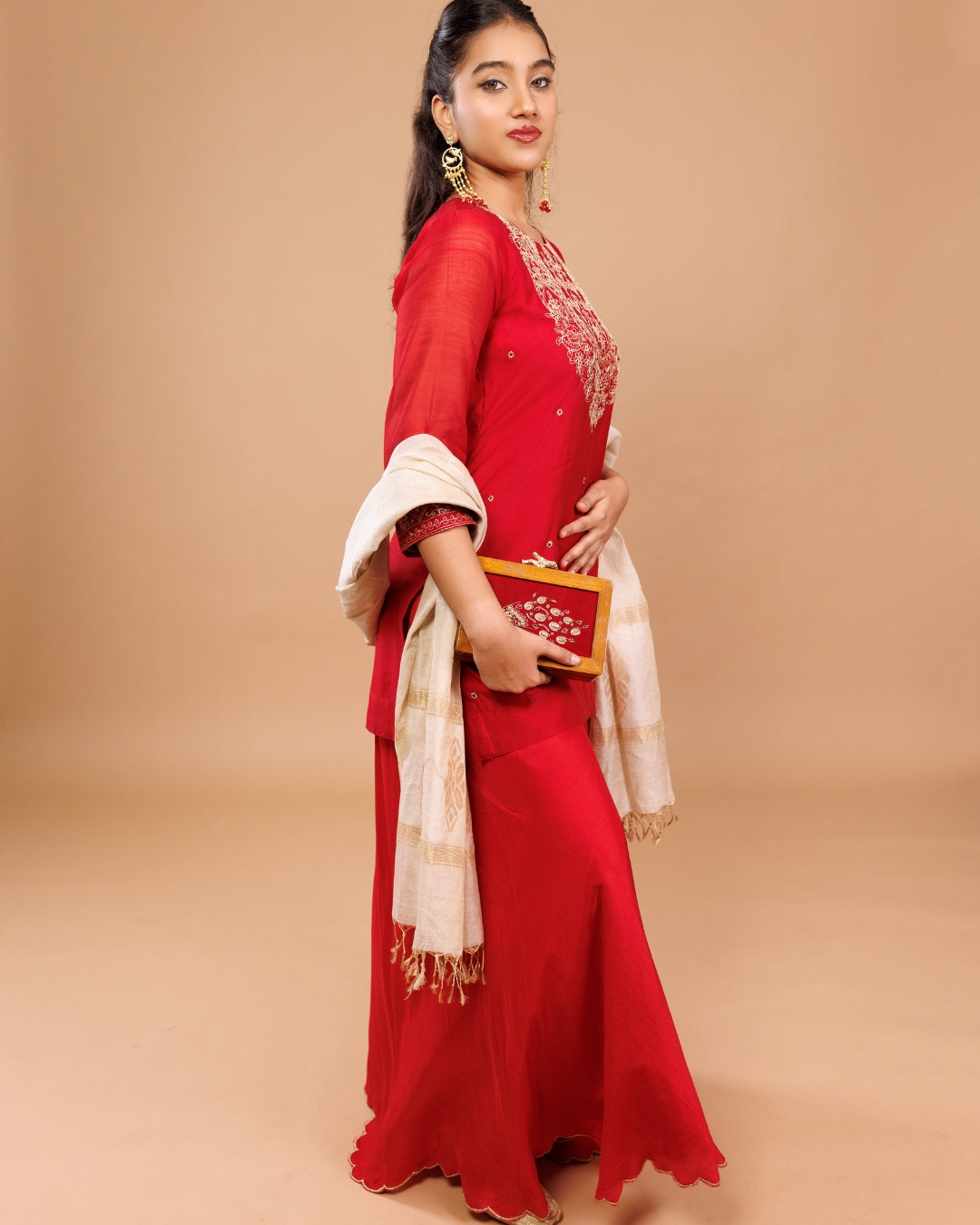Red Maheshwari Embroidered Short Kurta with Sharara – Festive Wear by Panchakanya Clothing