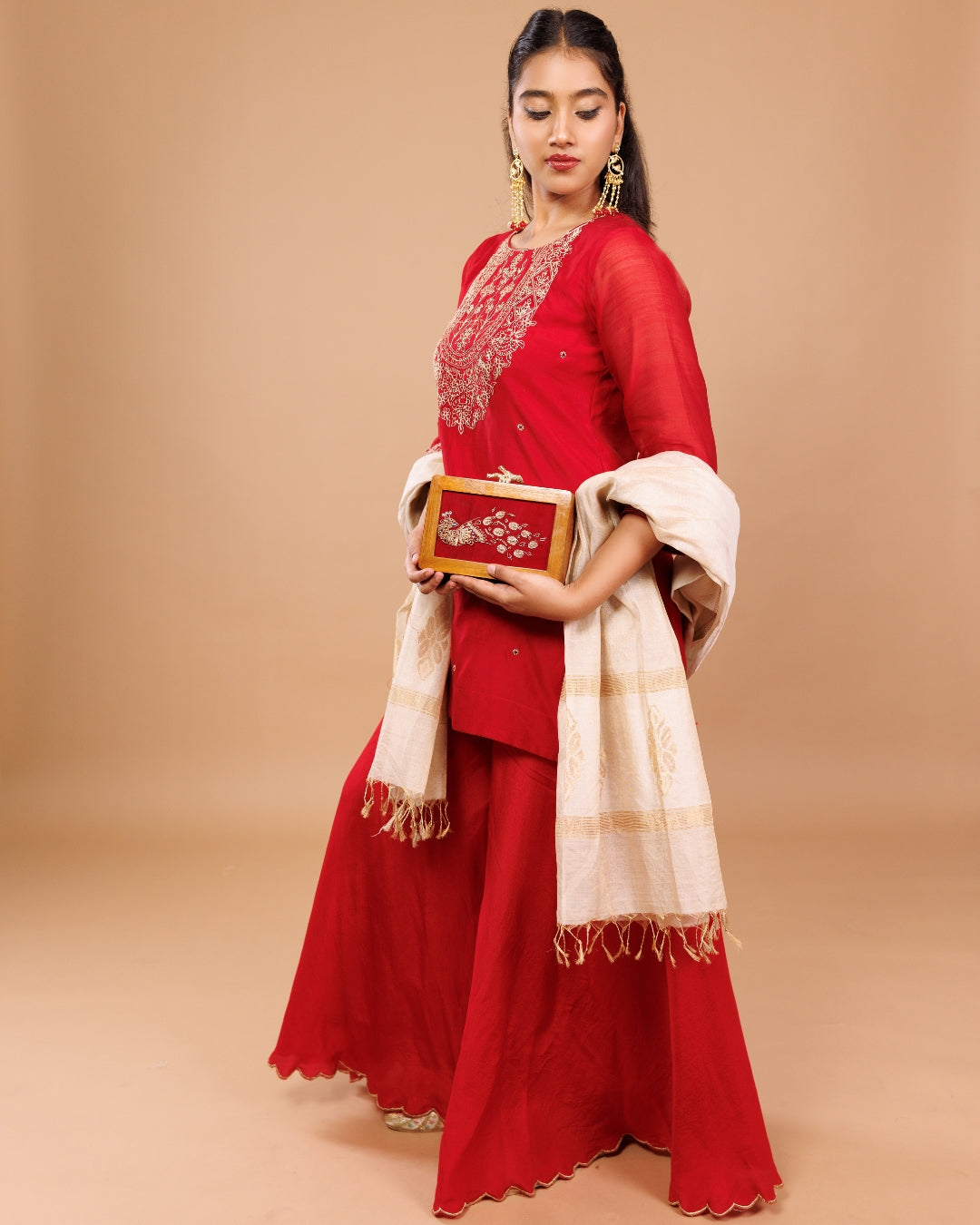 Red Maheshwari Embroidered Short Kurta with Sharara – Festive Wear by Panchakanya Clothing