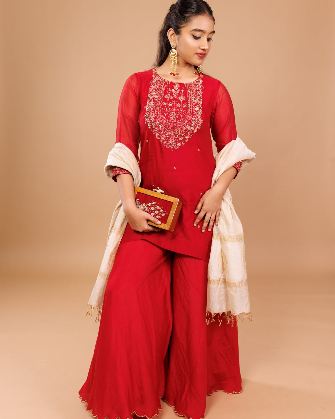 Red Maheshwari Embroidered Short Kurta with Sharara – Festive Wear by Panchakanya Clothing