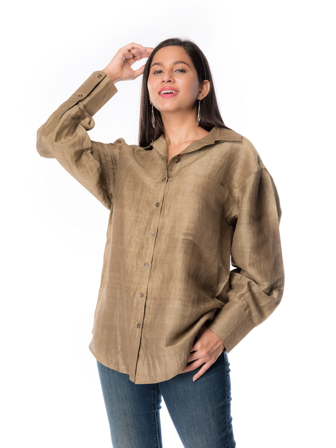 Golden Green Silk Fabric Shirt Full Sleeve For Women's Girls & Ladies