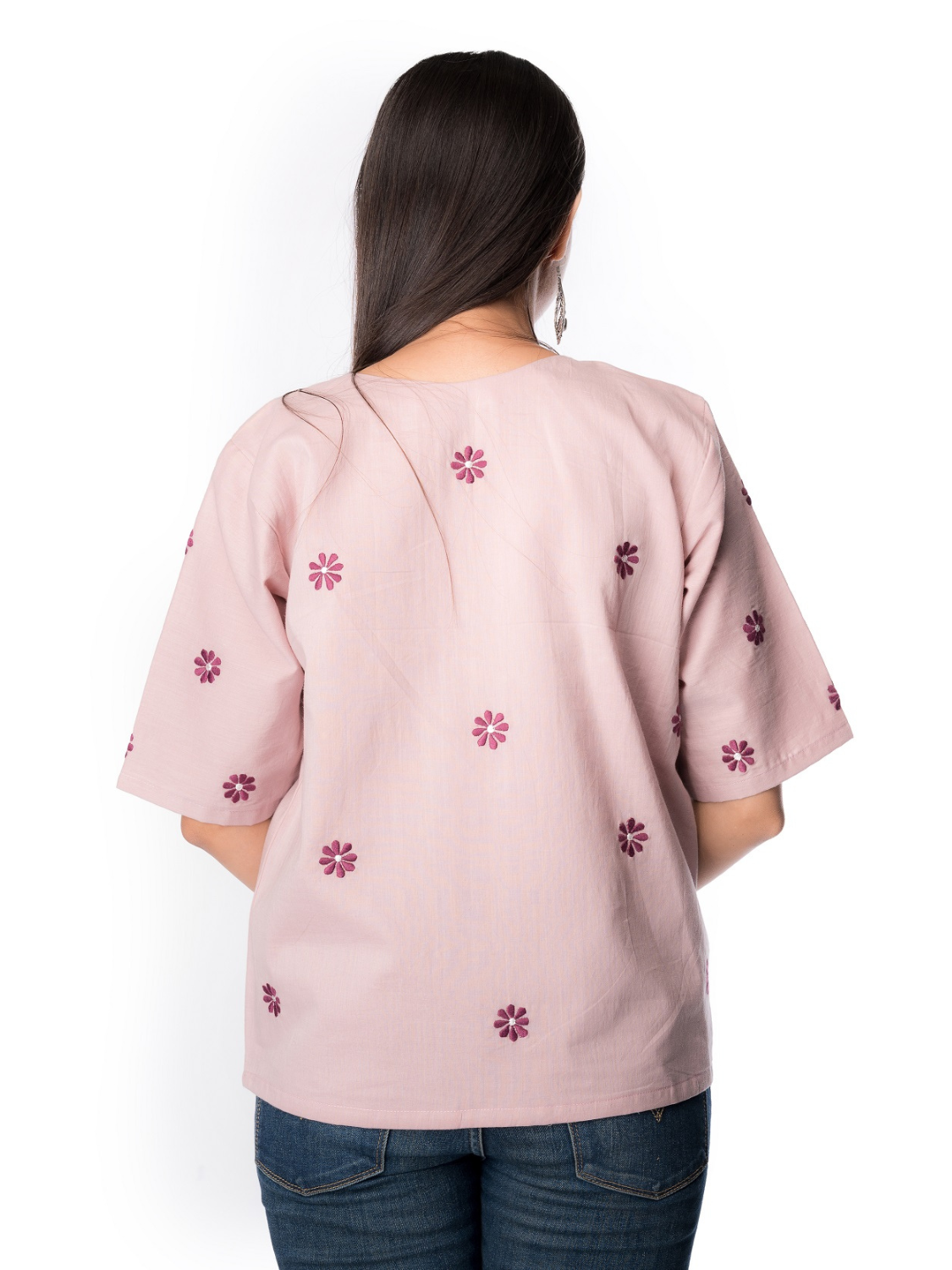 Pure Cotton Peach Top With V Neck Design - Panchakanya Clothing