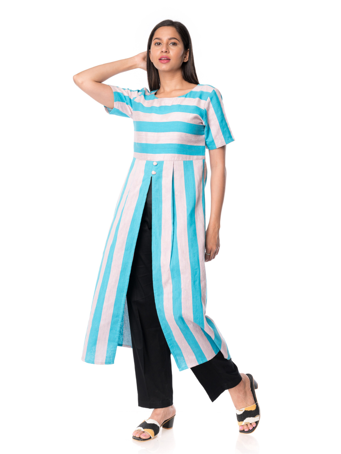 Elegent Turquoise Stripped Khadi Silk Kurta - Panchakanya Clothing