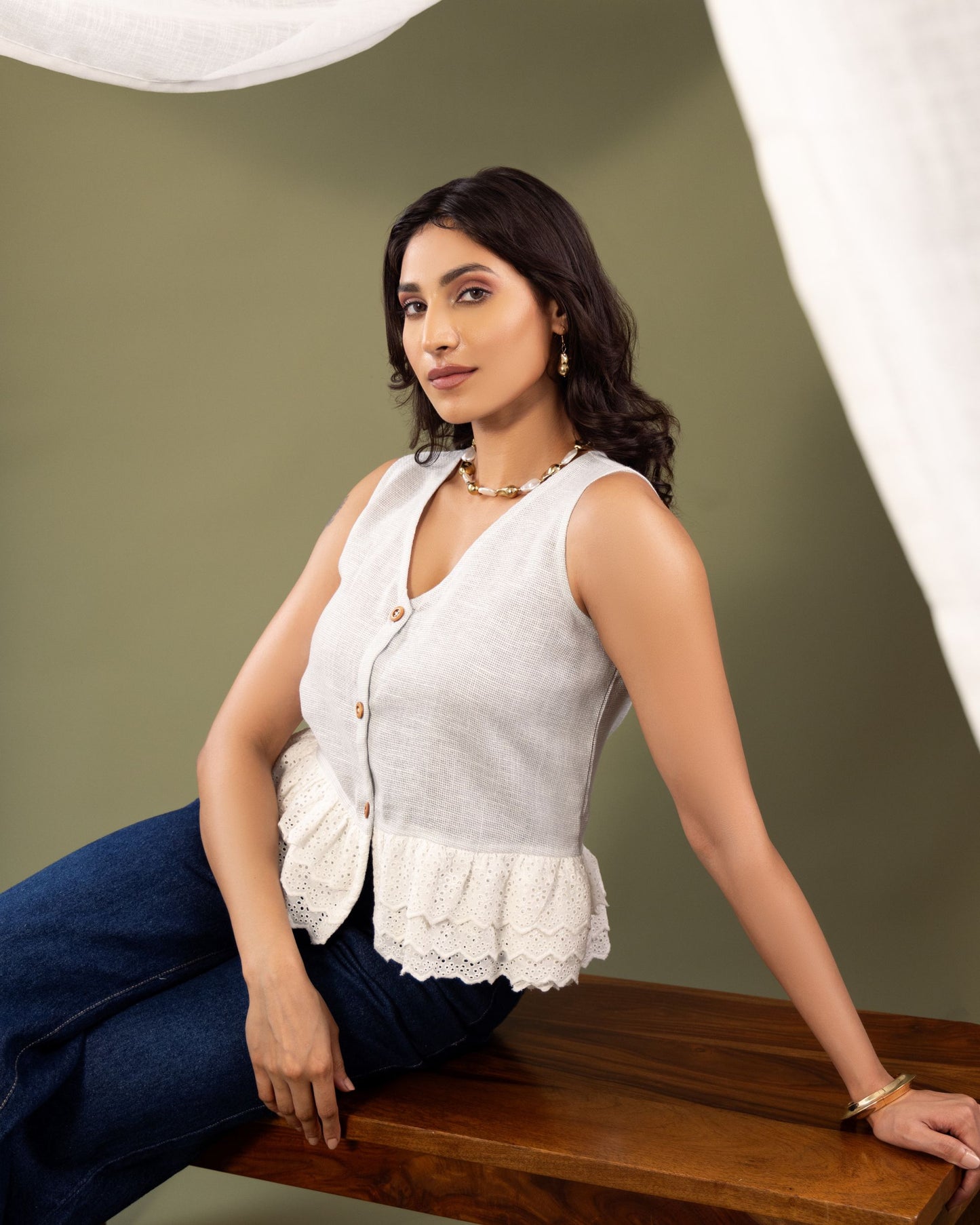 Women’s Jute Fabric Sleeveless Top with Lace Hem – Sustainable Summer Blouse by Panchakanya