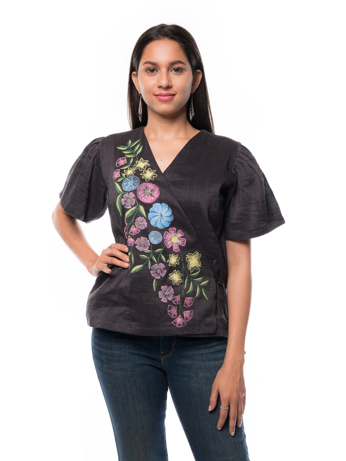 Black Angrakha Pattern Overlapping V-Neck Top Half Sleeve For Women's Girls & Ladies