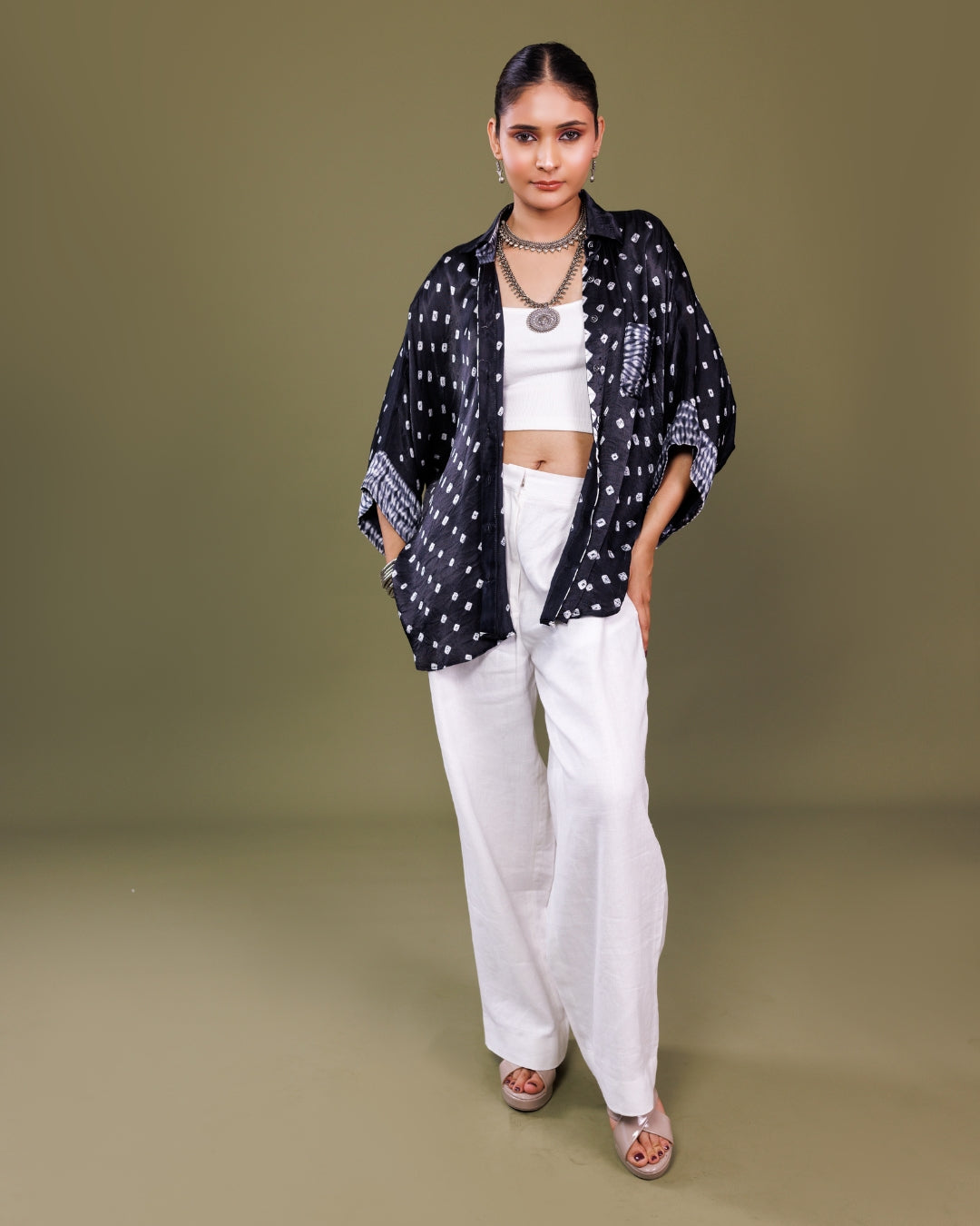 Black Bandhani Modal Silk Long Shirt for Women – Handcrafted Designer Shirt by Panchakanya