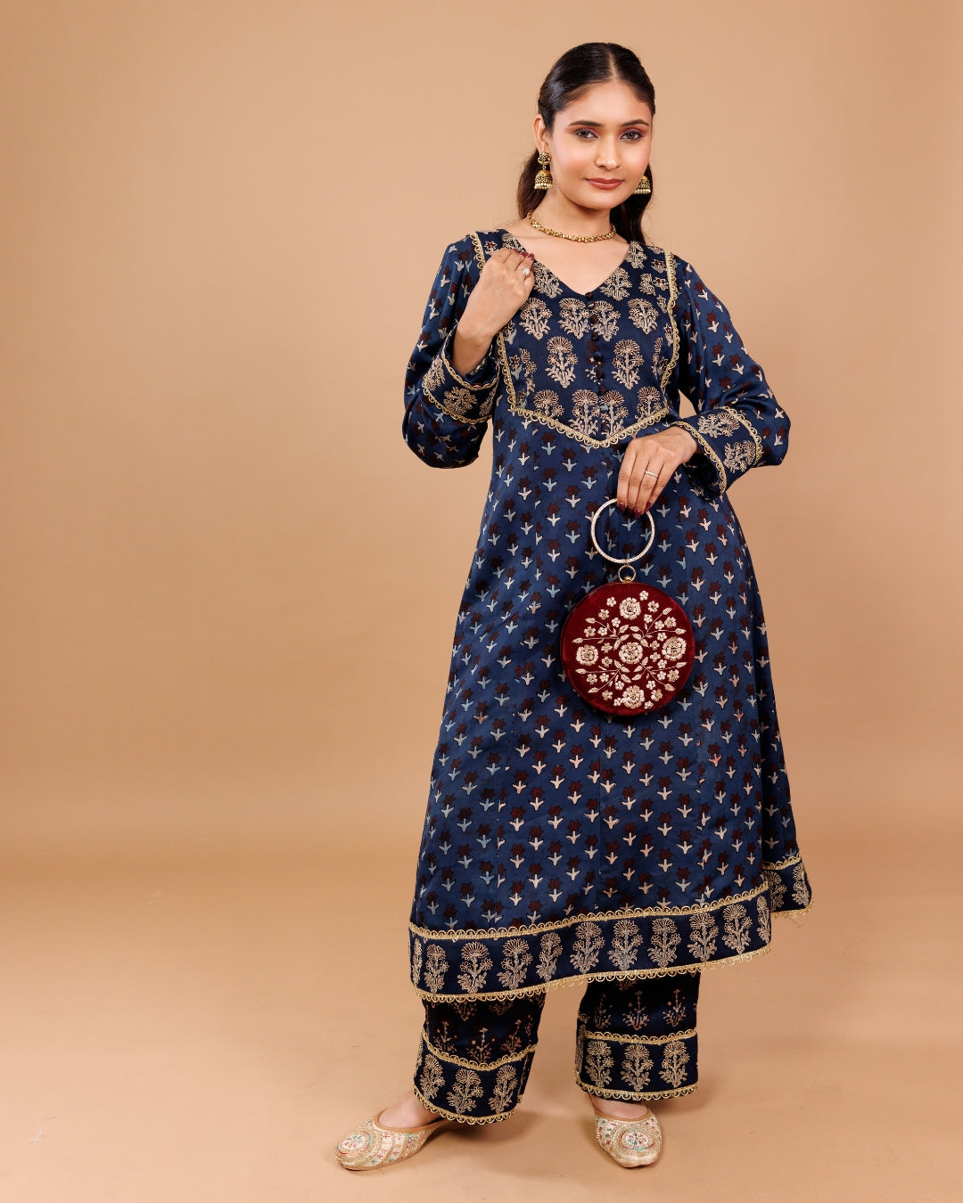 Navy Blue Modal Embroidered Ajrak Print Kurta with Pants – Panchakanya Clothing