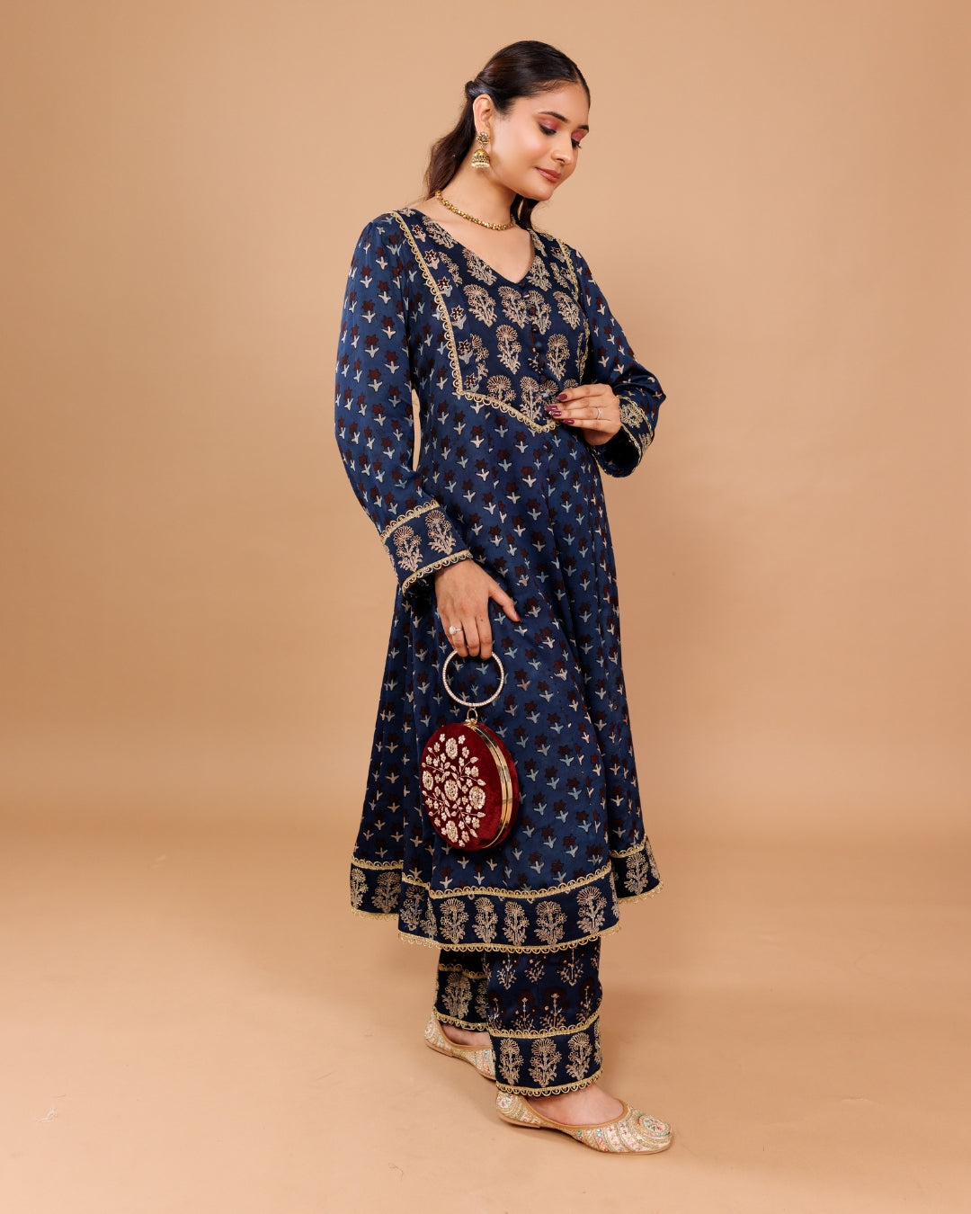 Navy Blue Modal Embroidered Ajrak Print Kurta with Pants – Panchakanya Clothing