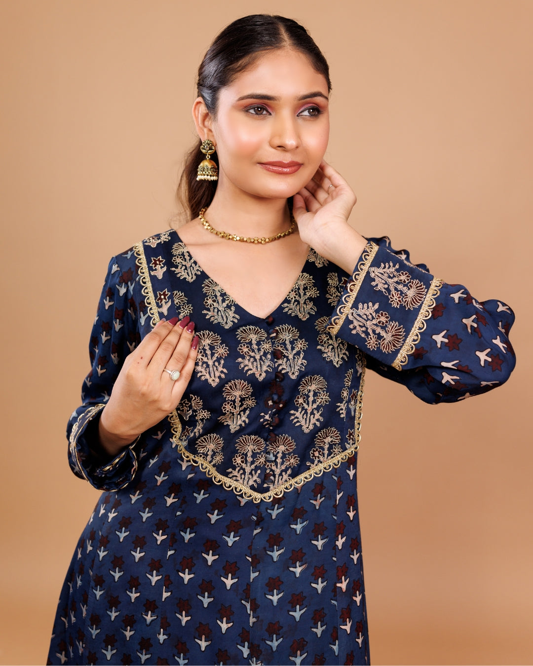 Navy Blue Modal Embroidered Ajrak Print Kurta with Pants – Panchakanya Clothing