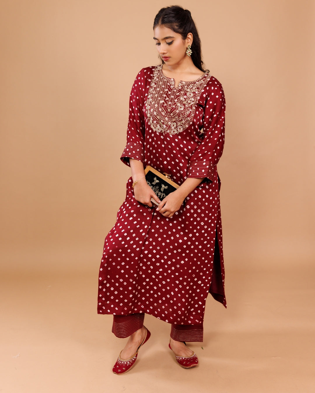 Maroon Bandhani Embroidered Modal Kurta with Pants – Panchakanya Clothing