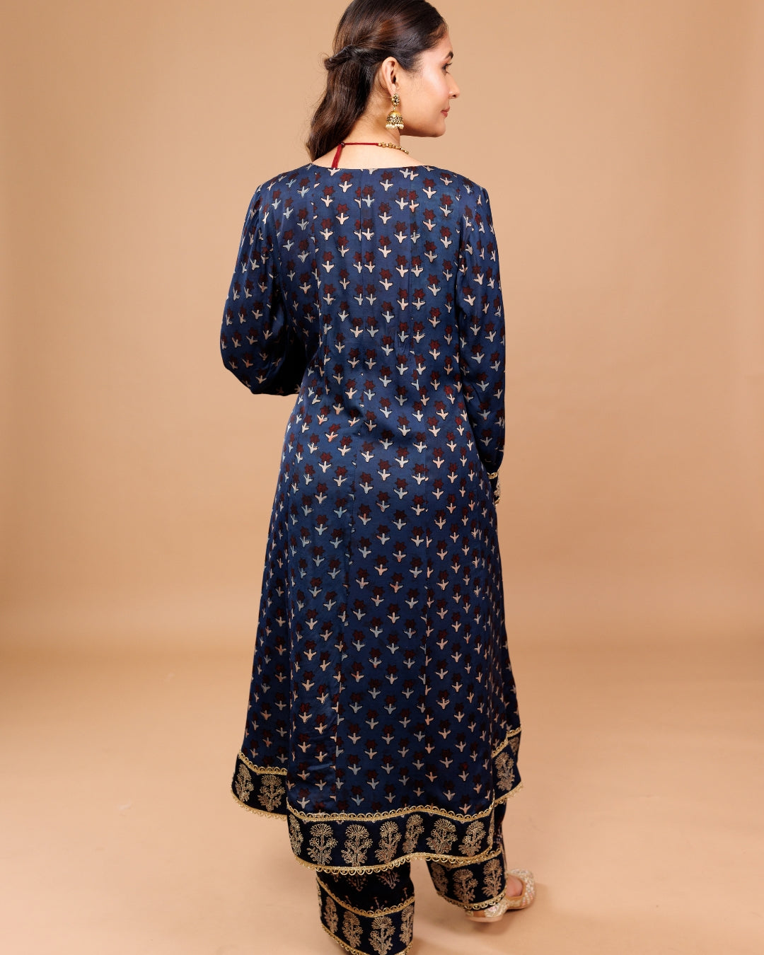 Navy Blue Modal Embroidered Ajrak Print Kurta with Pants – Panchakanya Clothing